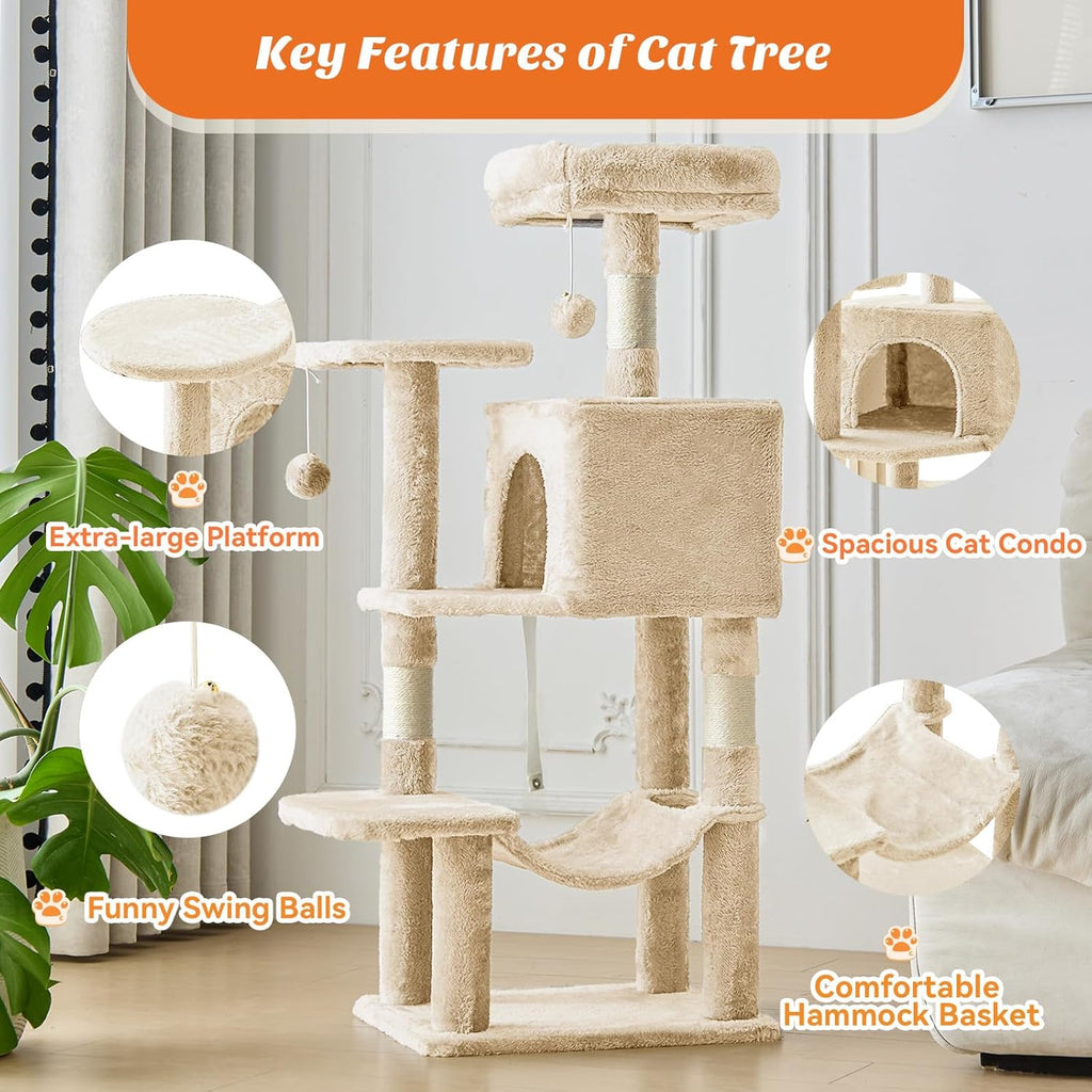44 Inch Cat Tree Tower, Cat Climbing Tower with Natural Sisal Scratching Posts, Hammock, Pet Condo for Indoor Cats