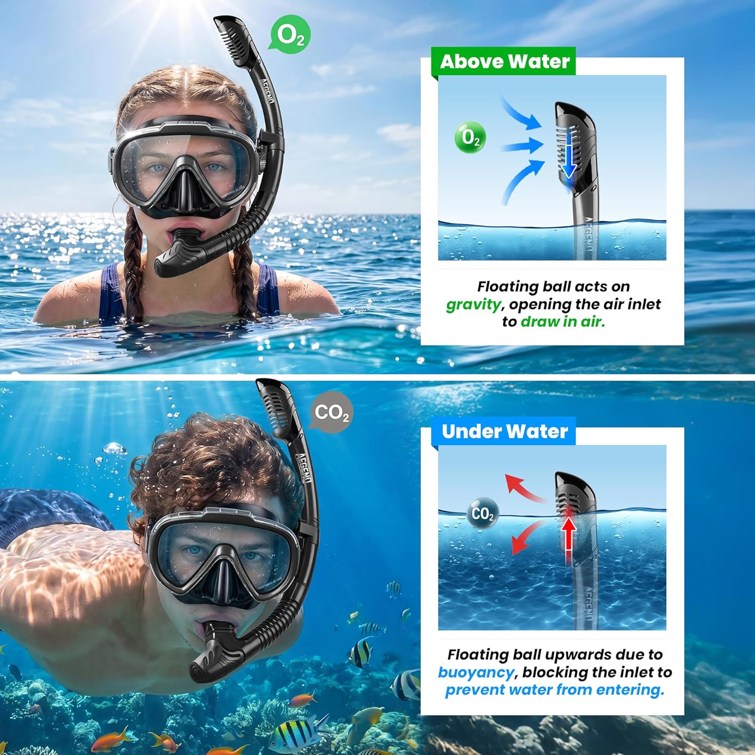 Snorkeling Gear for Adults Youth, Dry Snorkel Set with Ergonomic Raised Nose Cover for Anti-Fog with Mesh Bag, HD