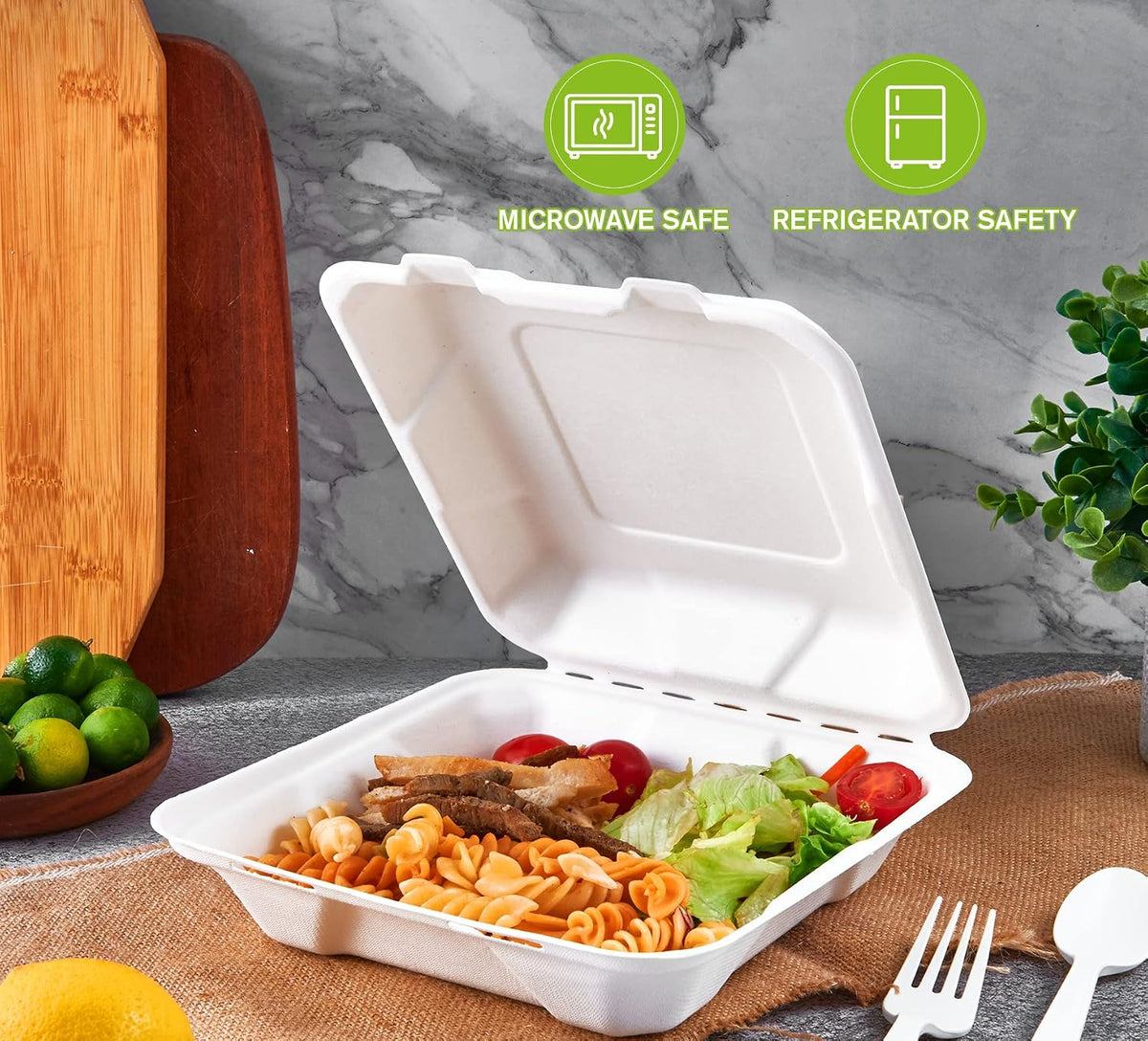 50 Pack Compostable Clamshell Take Out Food Containers, 8 inch