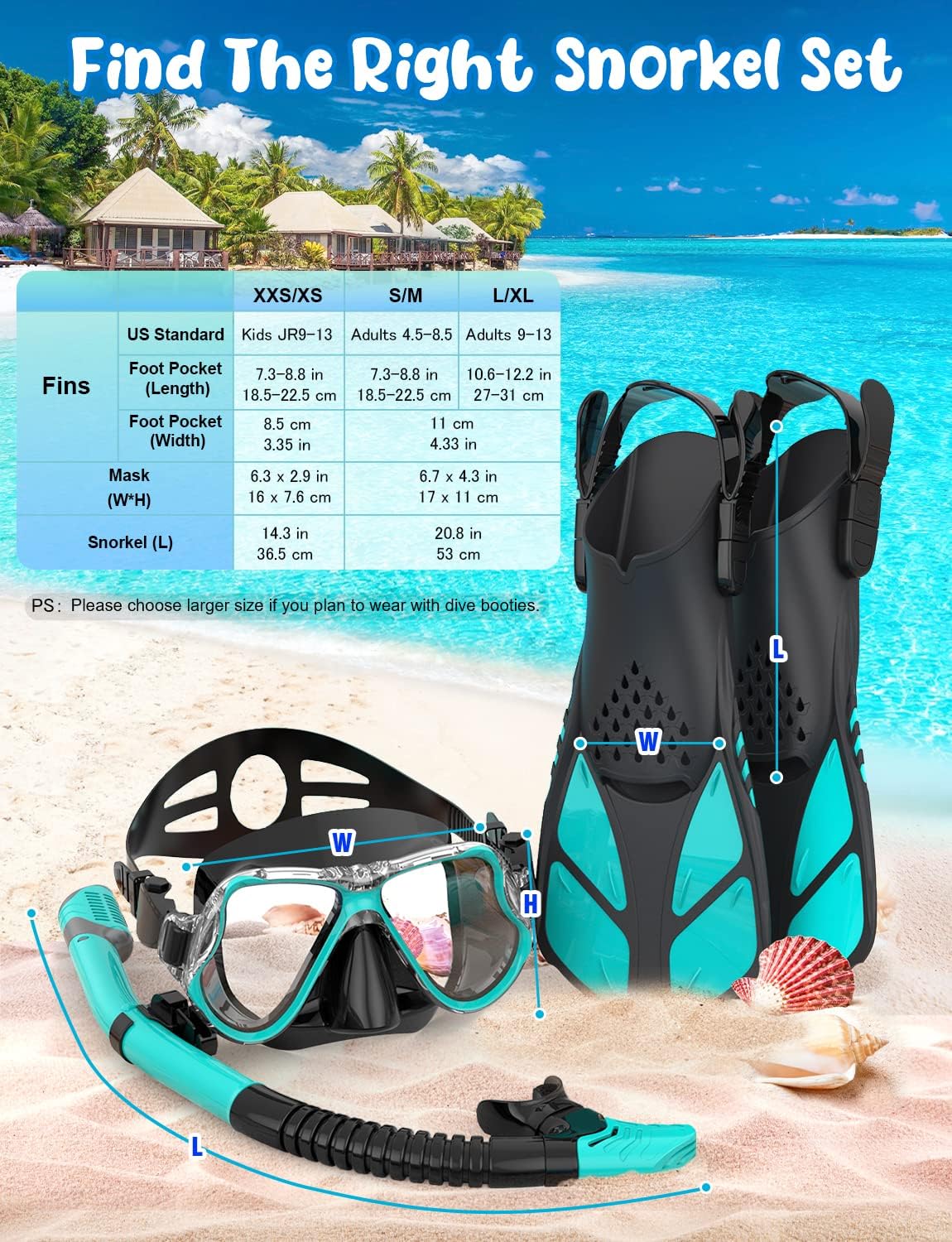Snorkeling Gear for Adults, Panoramic Mask Anti-Fog & Dry Snorkel | Panoramic anti-fog mask with tempered glass lens