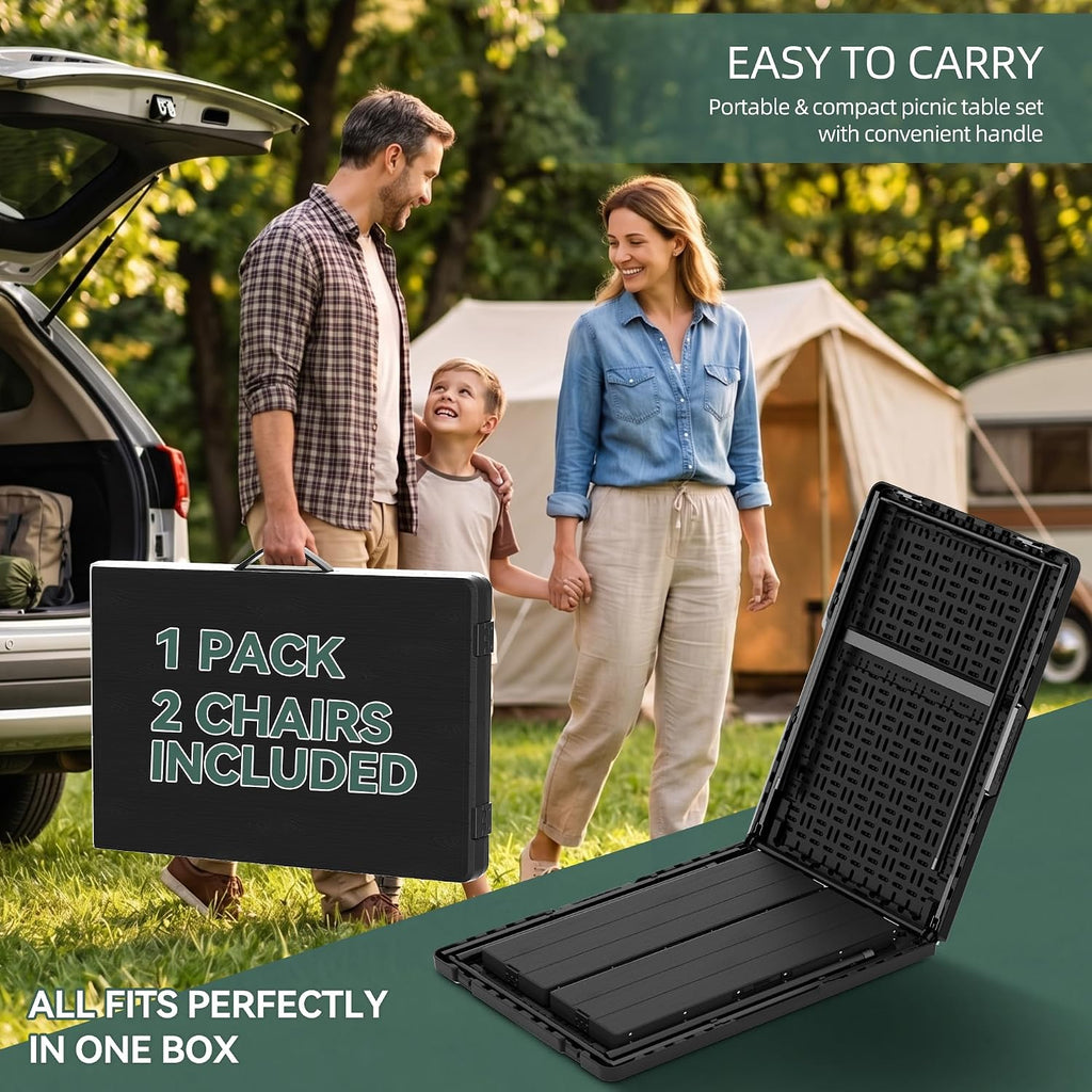 6FT Folding Table & Chair Set, Seats 6-8, Portable Black | Chairs Store Inside Table to Form Carrying Case HDPE&Steel