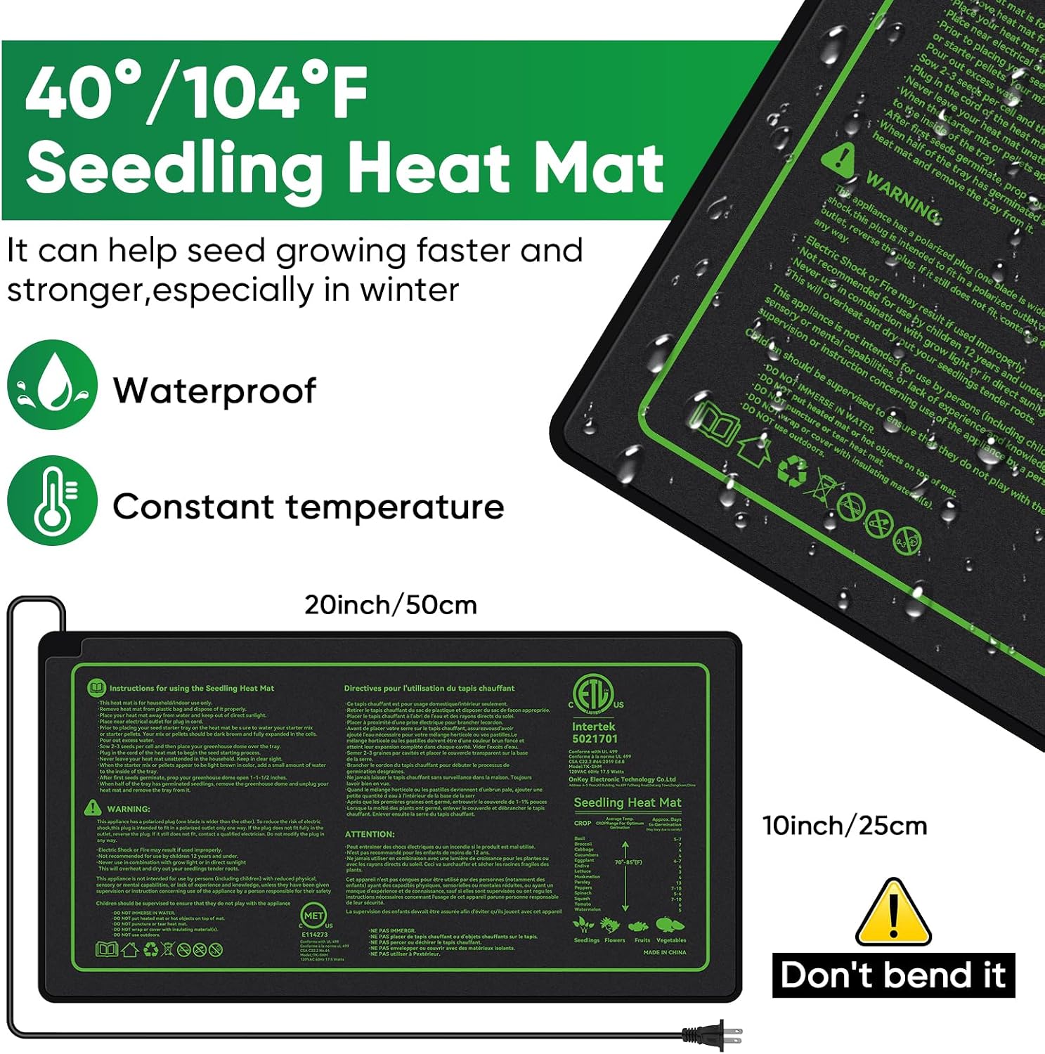 40-Cell Seed Starter Tray with Grow Light, Heat Mat, Humidity Dome | Waterproof Seedling Heat Mat, Heated Seed
