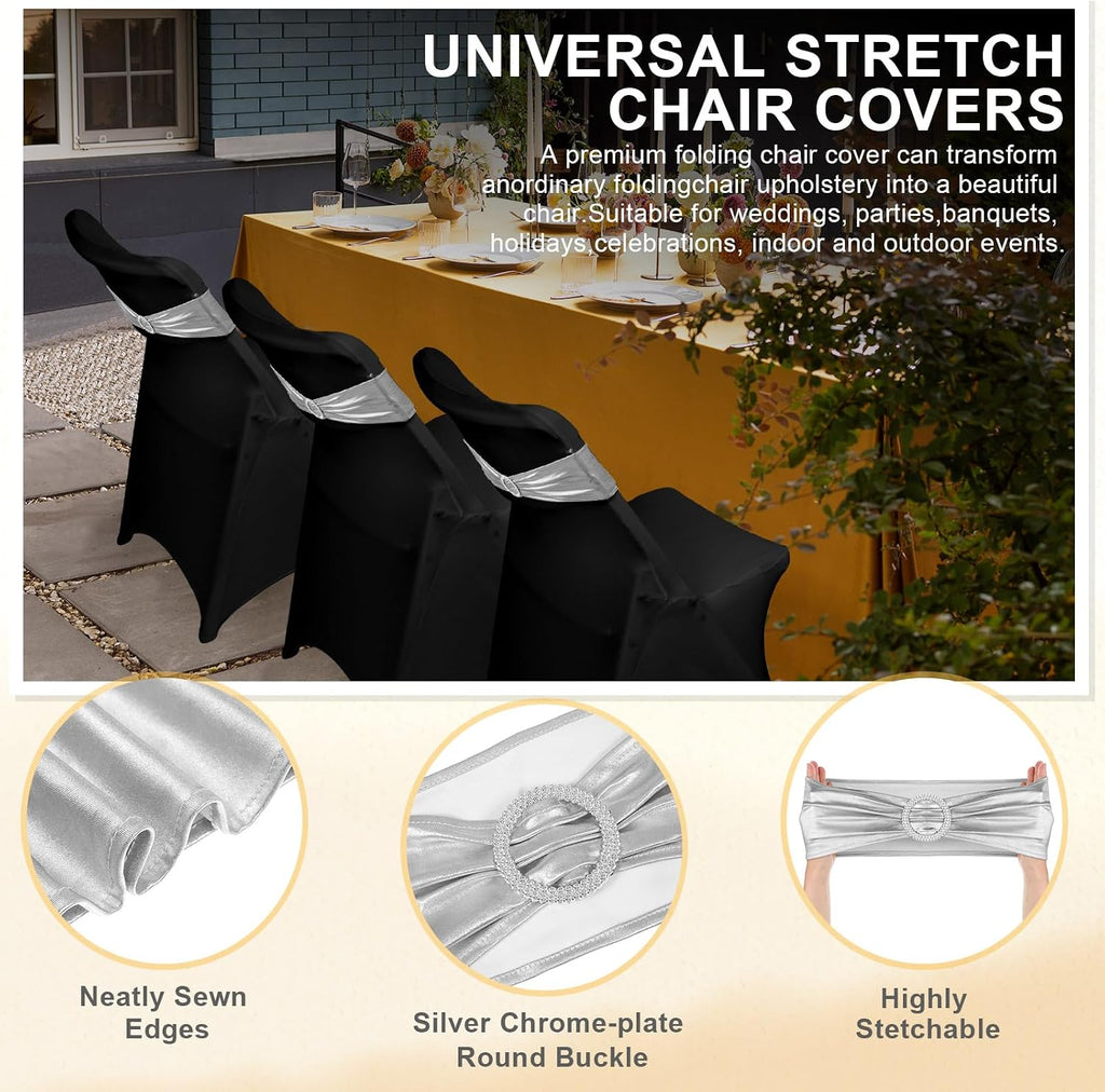 50 Pack Chair Covers and Sashes for Folding Chair, Black, Silver