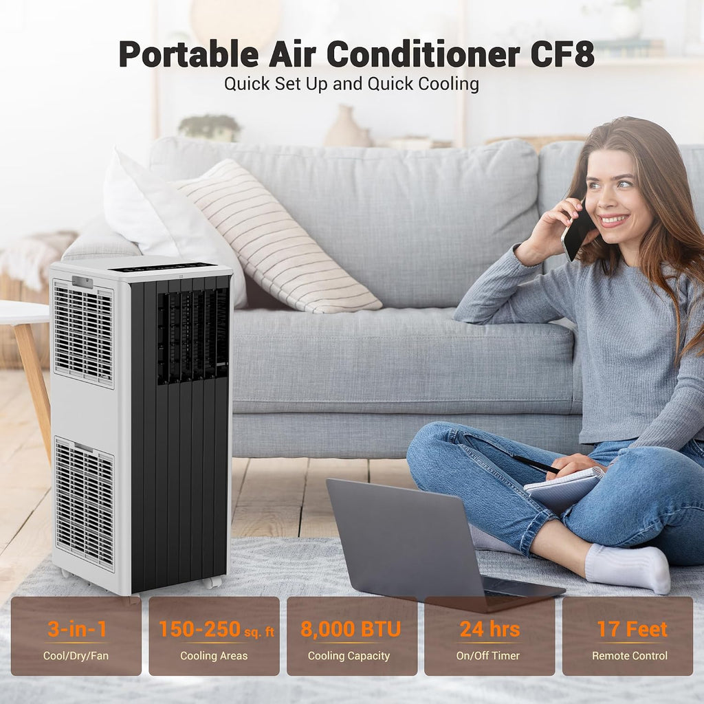 8,000 BTU Portable Air Conditioners, 4-in-1 AC Unit with Cool, Fan, Dehumidifier & Sleep Mode, Up to 350 Sq.Ft, Quiet