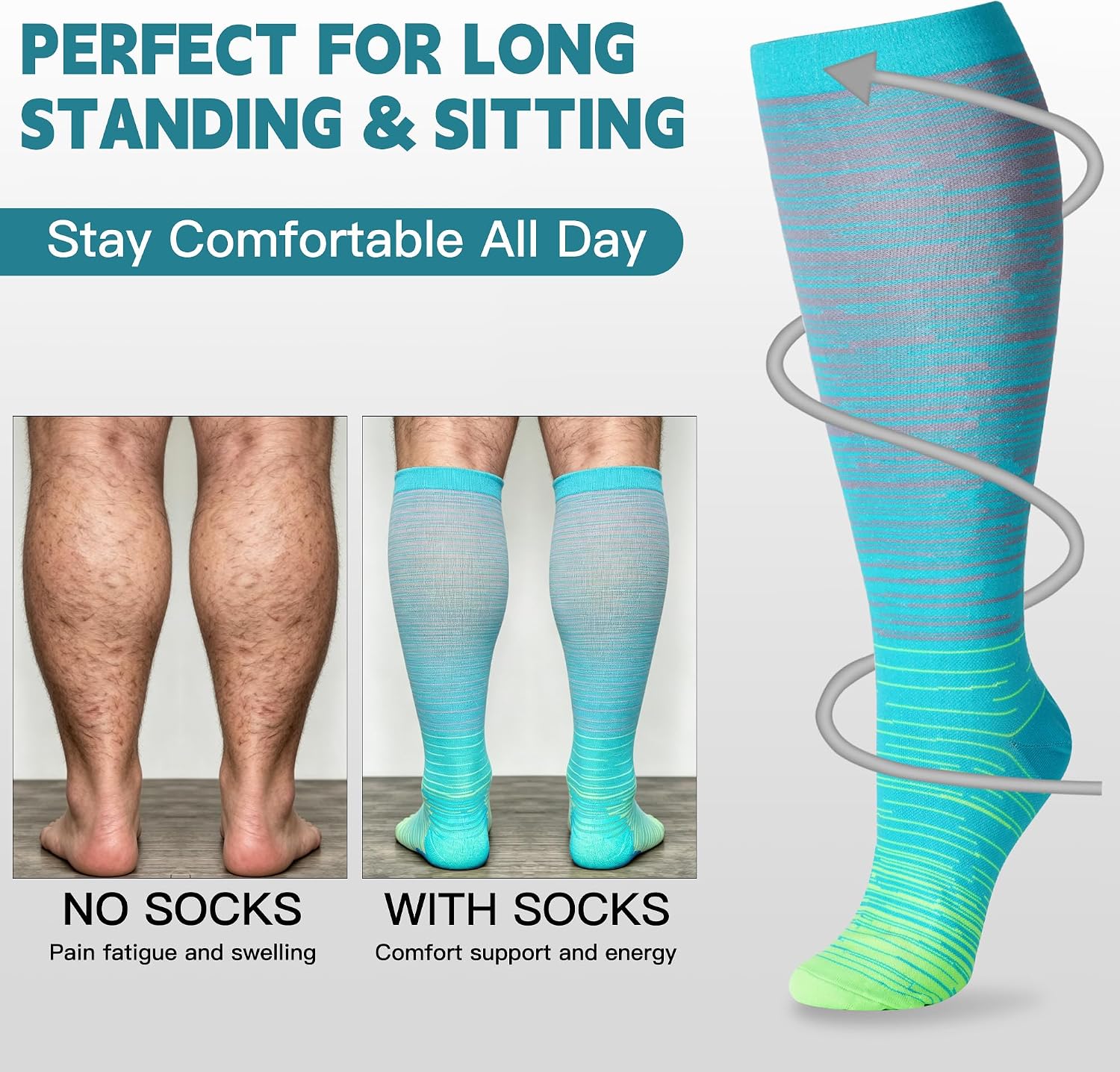 3 Pairs Wide Calf Compression Socks for Women Men 20-30 mmHg Knee High