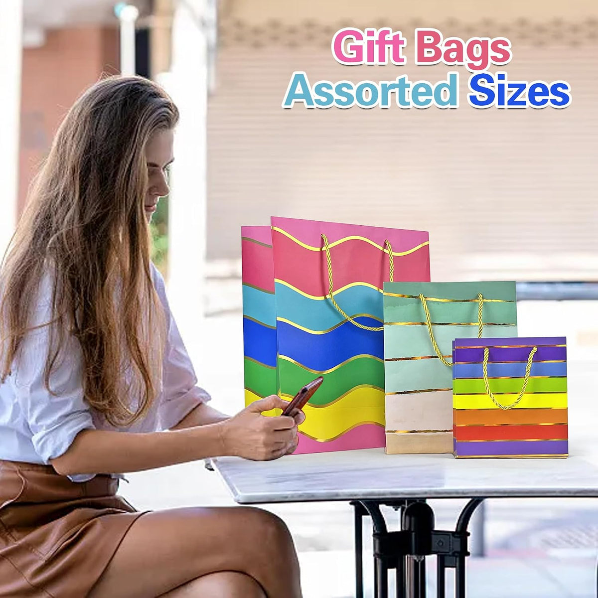 Gift Bags Assorted Sizes and Designs with Handle and Tissue Paper Birthday Gift Bags Rainbow for Birthday Bag Party