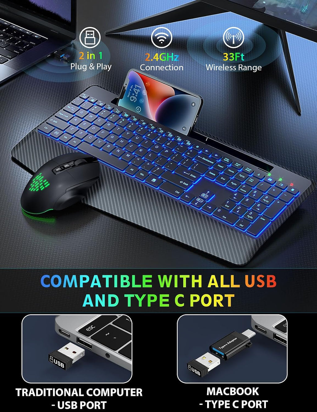 Wireless Keyboard and Mouse Combo, Backlit Scissor Keys, Wrist Rest | 7-Color Backlight, Phone Holder, Rechargeable