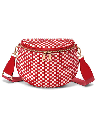 Trendy Woven Checkered Crossbody Bum Bag for Women，PU Leather Checkered Purse Fanny Packs Belt Bag (Woven Bum Bag