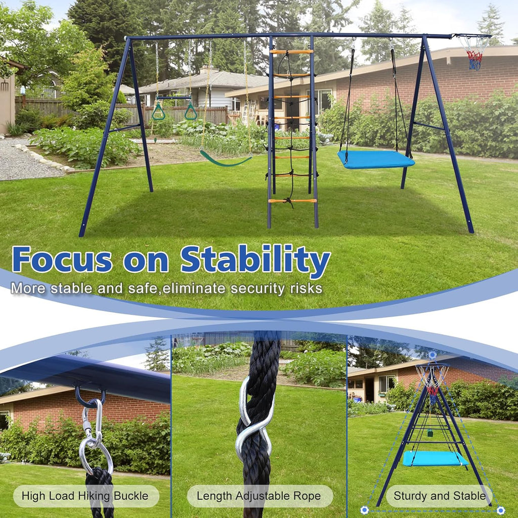 A-Frame Metal Swing Sets for Backyard, 6 in 1 Outdoor Playset with Climbing Ladder, Climbing Net, Trapeze Bar