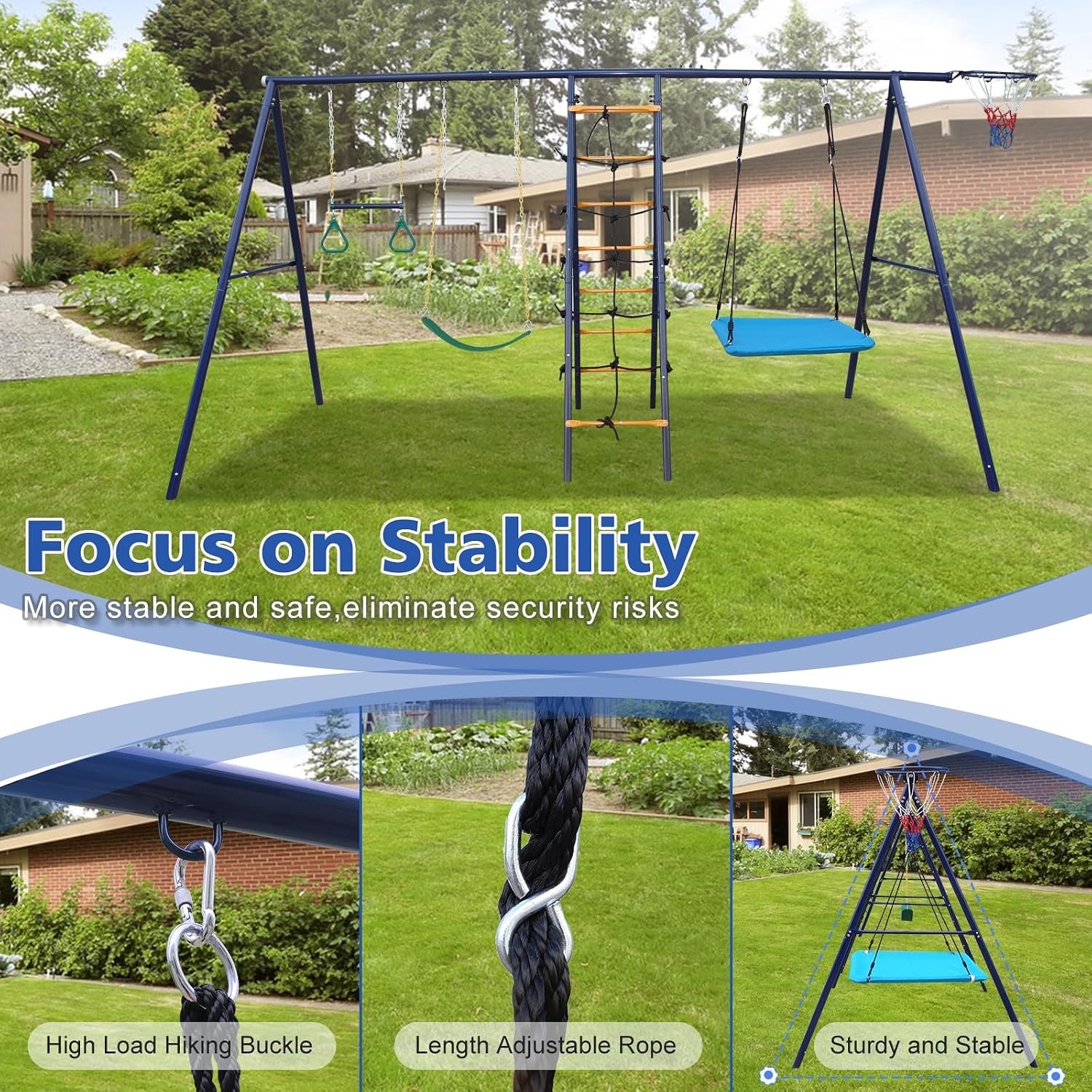 A-Frame Metal Swing Sets for Backyard, 6 in 1 Outdoor Playset with Climbing Ladder, Climbing Net, Trapeze Bar
