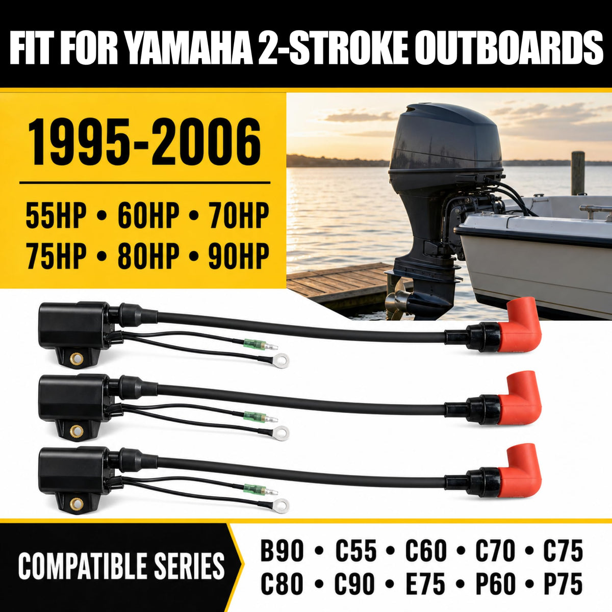 Carnovate 3 Pack Ignition Coil Fit for Yamaha Outboard 60-90HP 2 Stroke