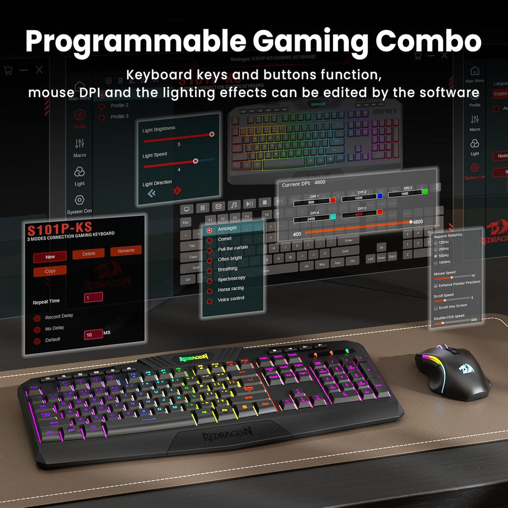 S101M-KS Gaming Keyboard and Mouse Wireless with Tri-Mode, RGB Keyboard and 4800 DPI Gaming Mouse, 10 Independent