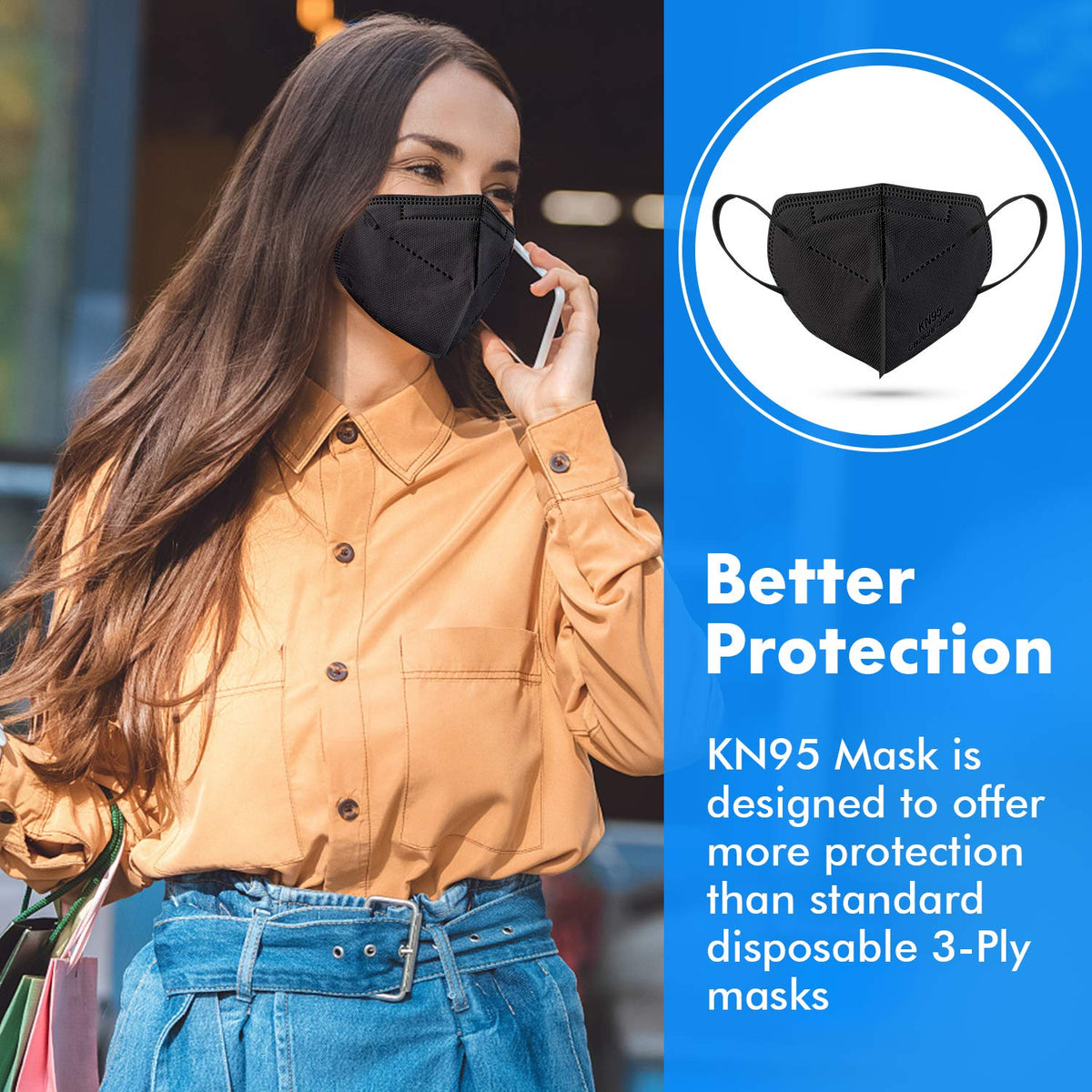 KN95 Face Mask Black 50 Pack, 5-Layer Filter Efficiency≥95% Face Masks