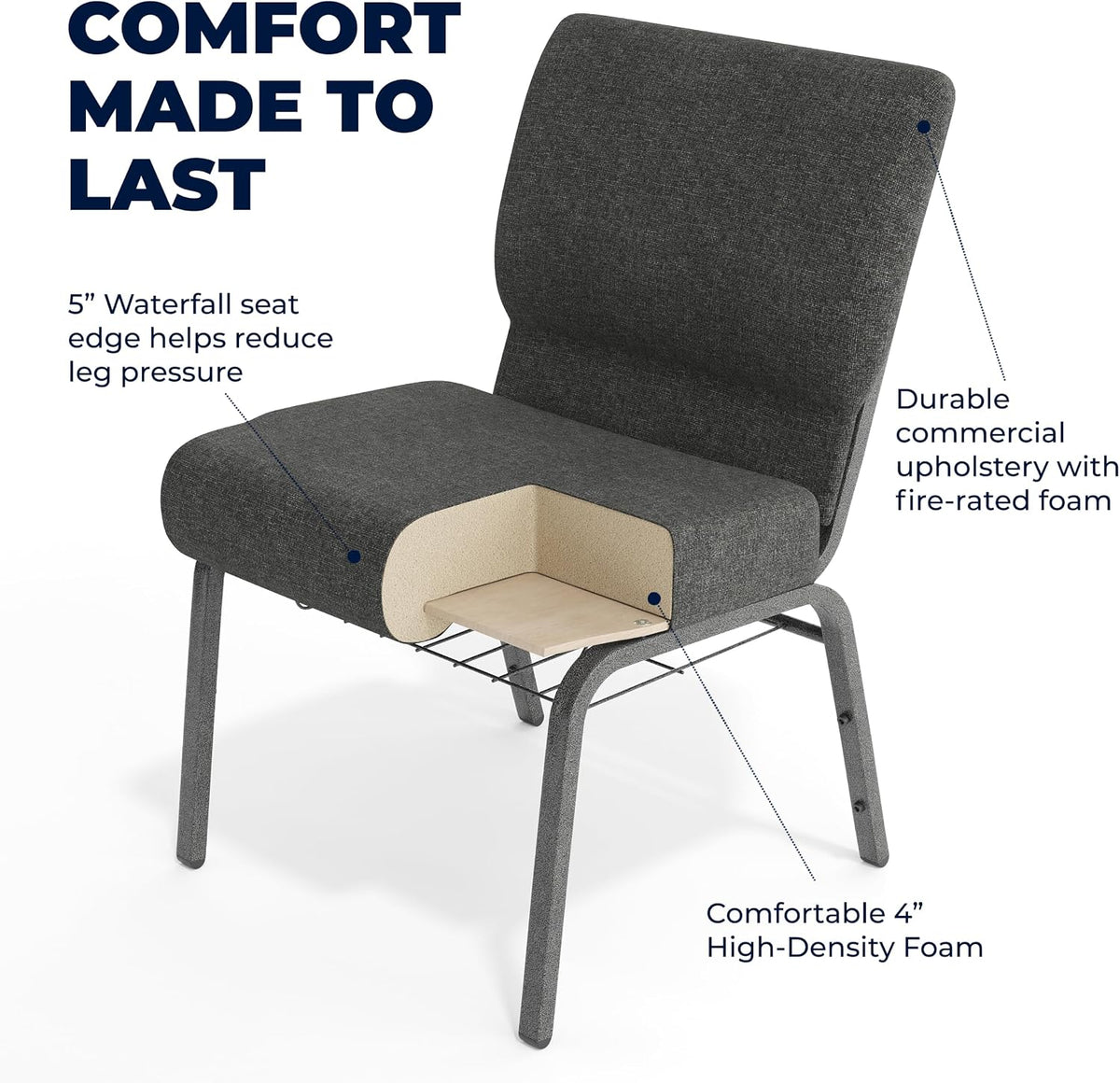 HERCULES Series 21''W Church Chair in Dark Gray Fabric with Book Rack - Silver Vein Frame