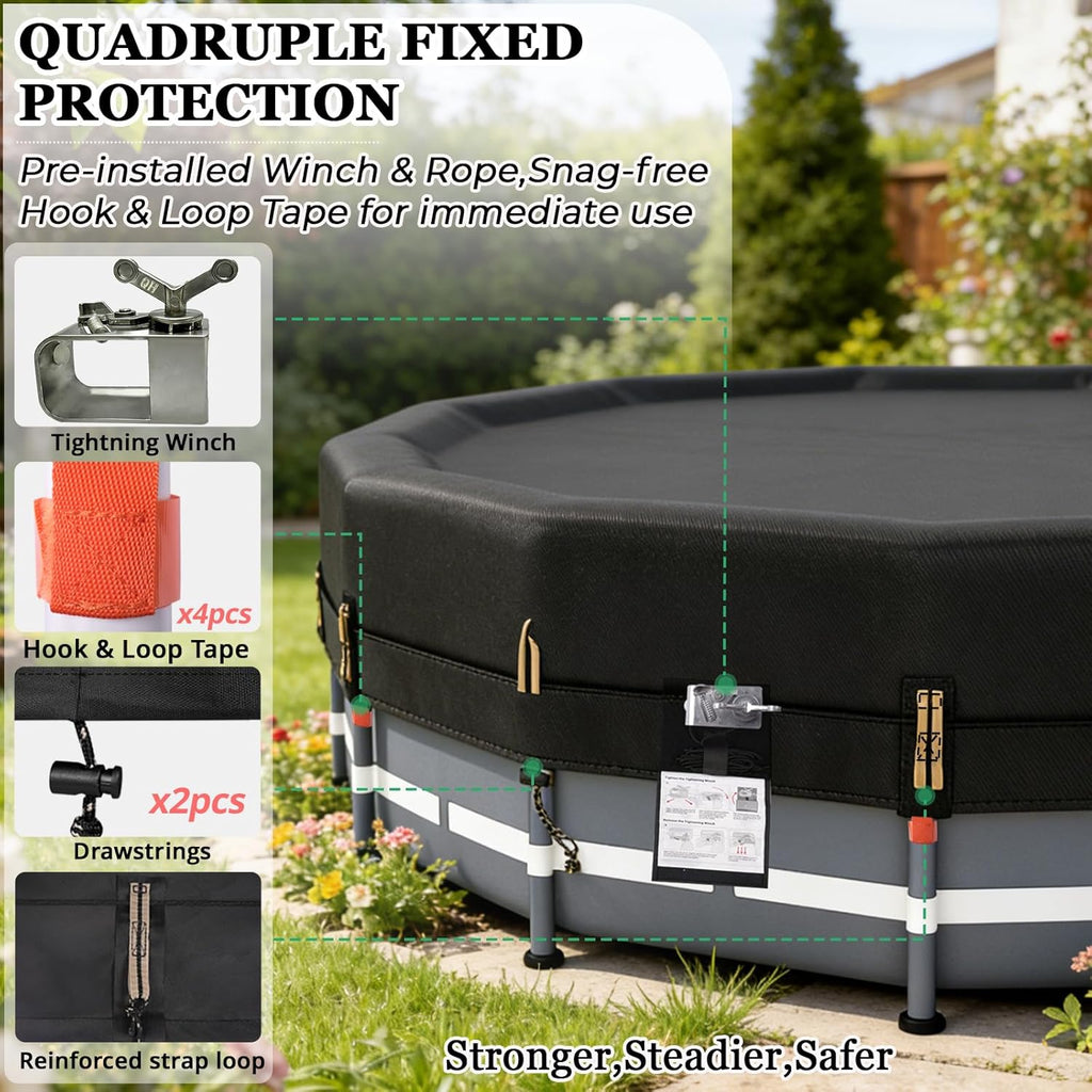 550D 10 ft Pool Cover Round[Upgraded Tear Resistant & Quadruple Windproof] wth Pre-Installed Patented Winch and Rope