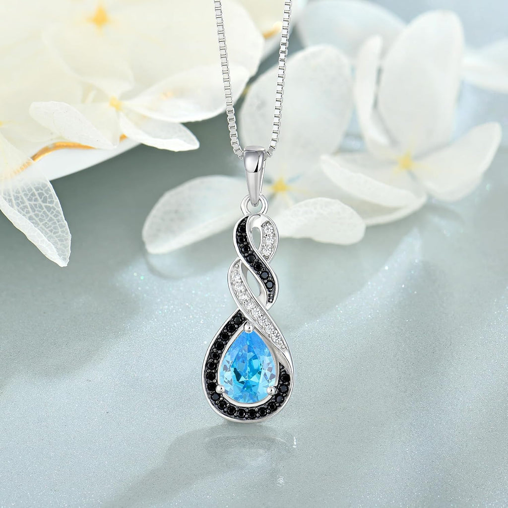 Two Tone Black& White Infinity Pendant Necklace Earrings Women Jewelry Set with Created Aquamarine