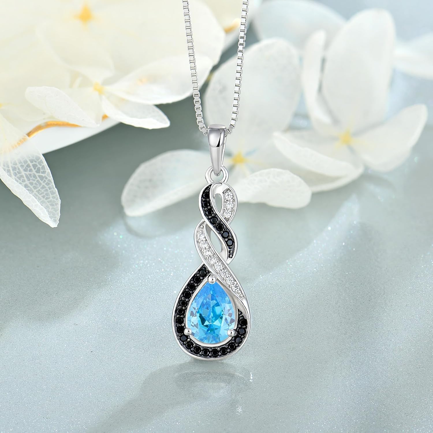 Two Tone Black& White Infinity Pendant Necklace Earrings Women Jewelry Set with Created Aquamarine