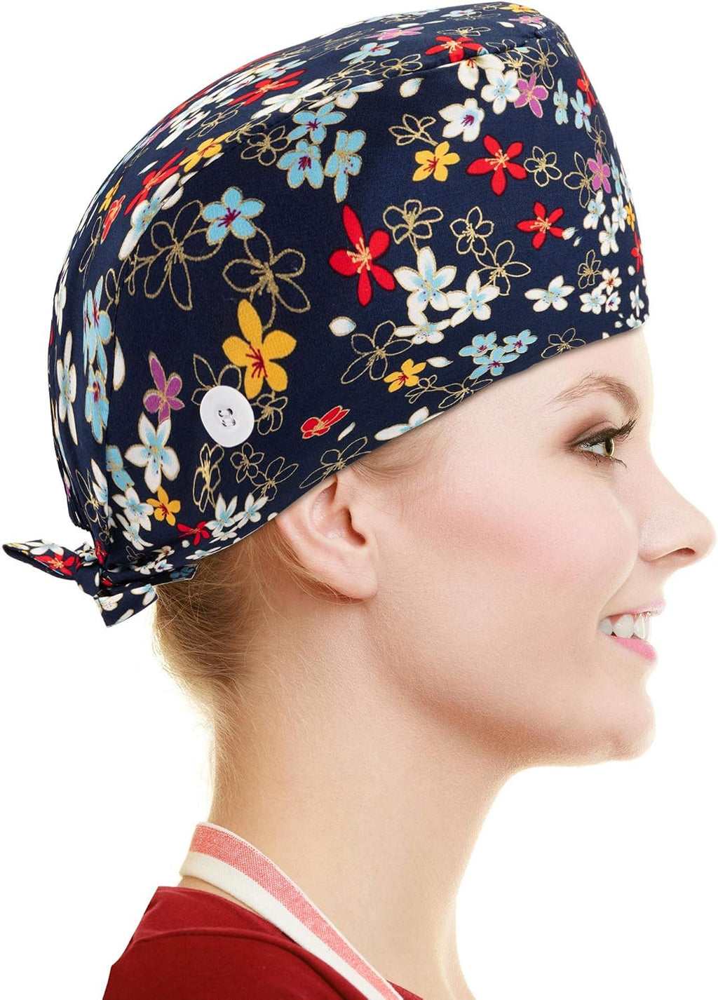 Scrub Caps for Women Nurse Cap Working Surgical Hat with Button Sweatband Adjustable Tie Back Hat for Dentist
