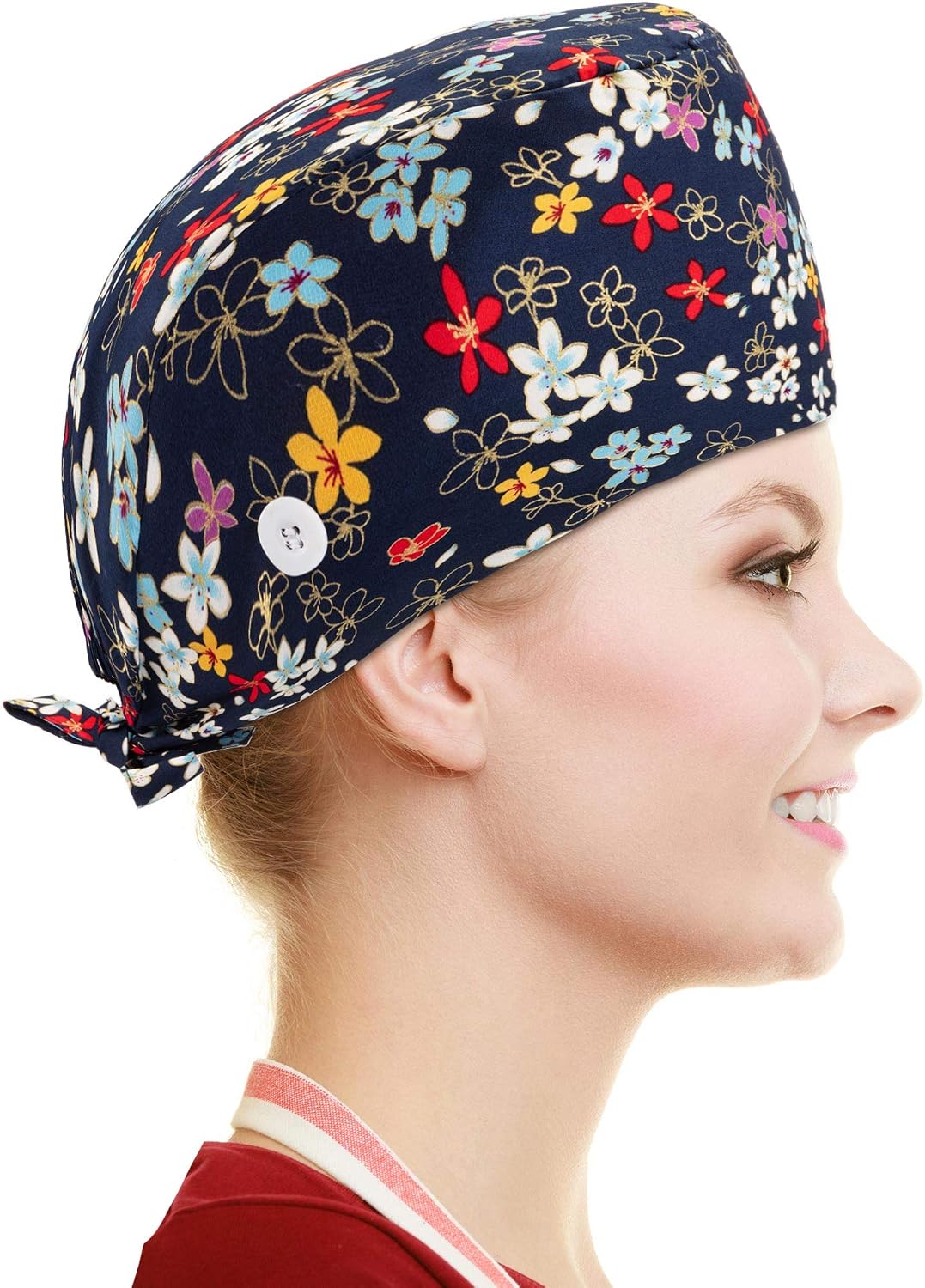 Scrub Caps for Women Nurse Cap Working Surgical Hat with Button Sweatband Adjustable Tie Back Hat for Dentist
