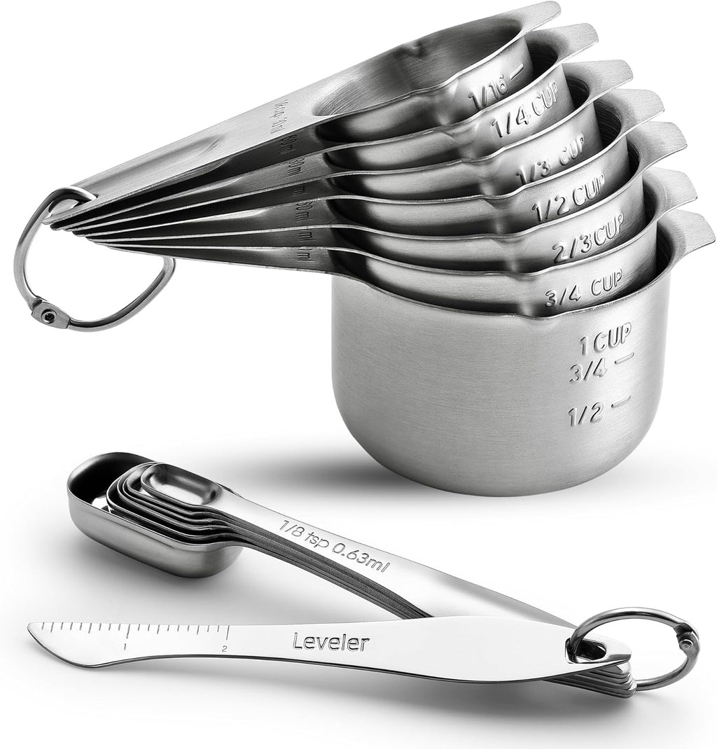 Stainless Steel Measuring Cups and Spoons Set of 14 with Leveler, Nesting Kitchen Metal Measuring Cups and Spoons Set