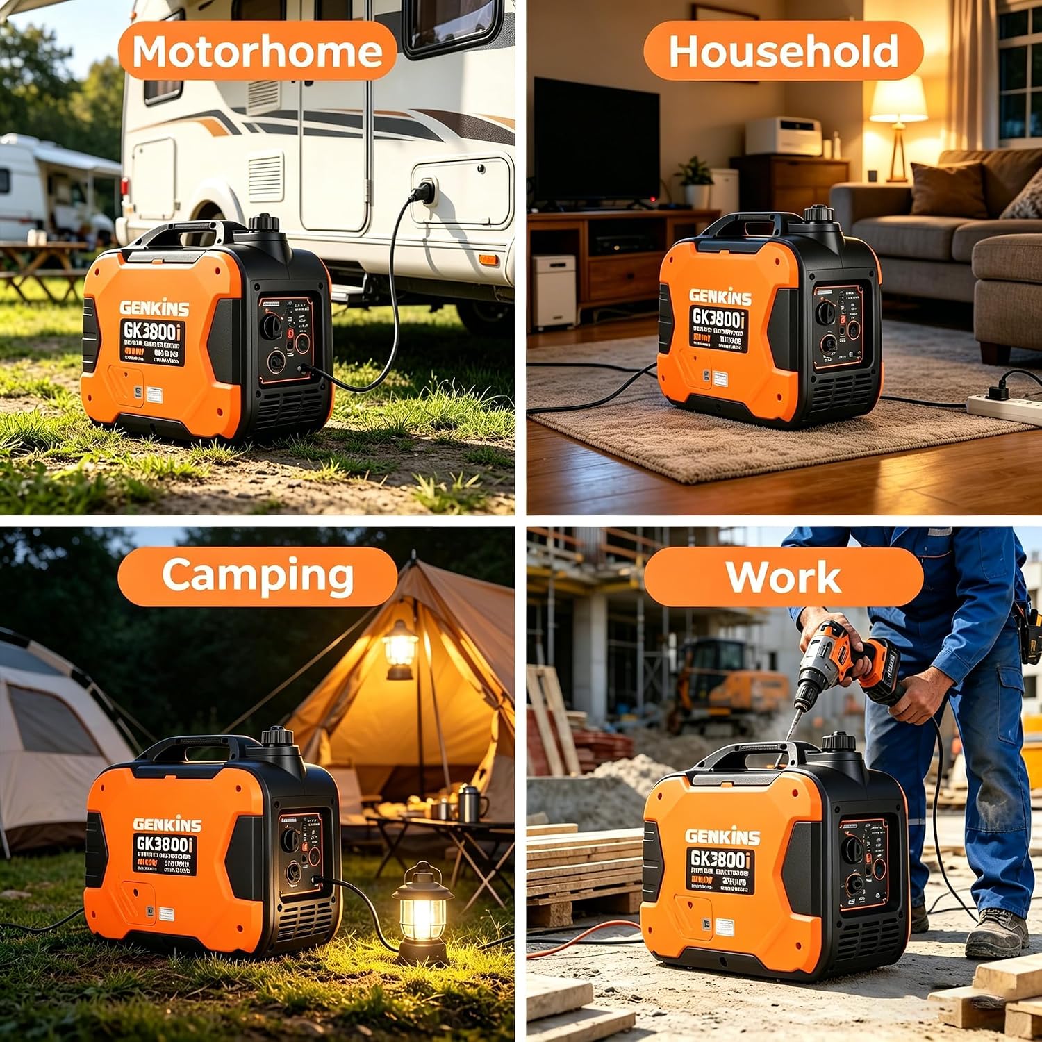 3800W Low Noise Gas Inverter Generator, Pull Start, Fuel Saving Portable Generator for RV, Camping and Outdoor Use