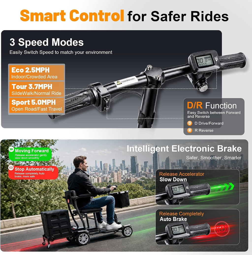 Lightweight Mobility Scooters for Seniors and Adults, Foldable 4-Wheel Motorized Scooter with Storage Crate & Basket