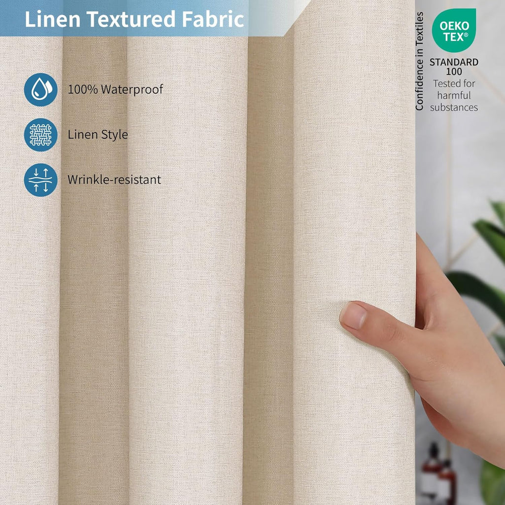 Waterproof Fabric Shower Curtain,No Liner Needed,72x72,Cream | 2-in-1 Design,Linen Textured,100% Waterproof