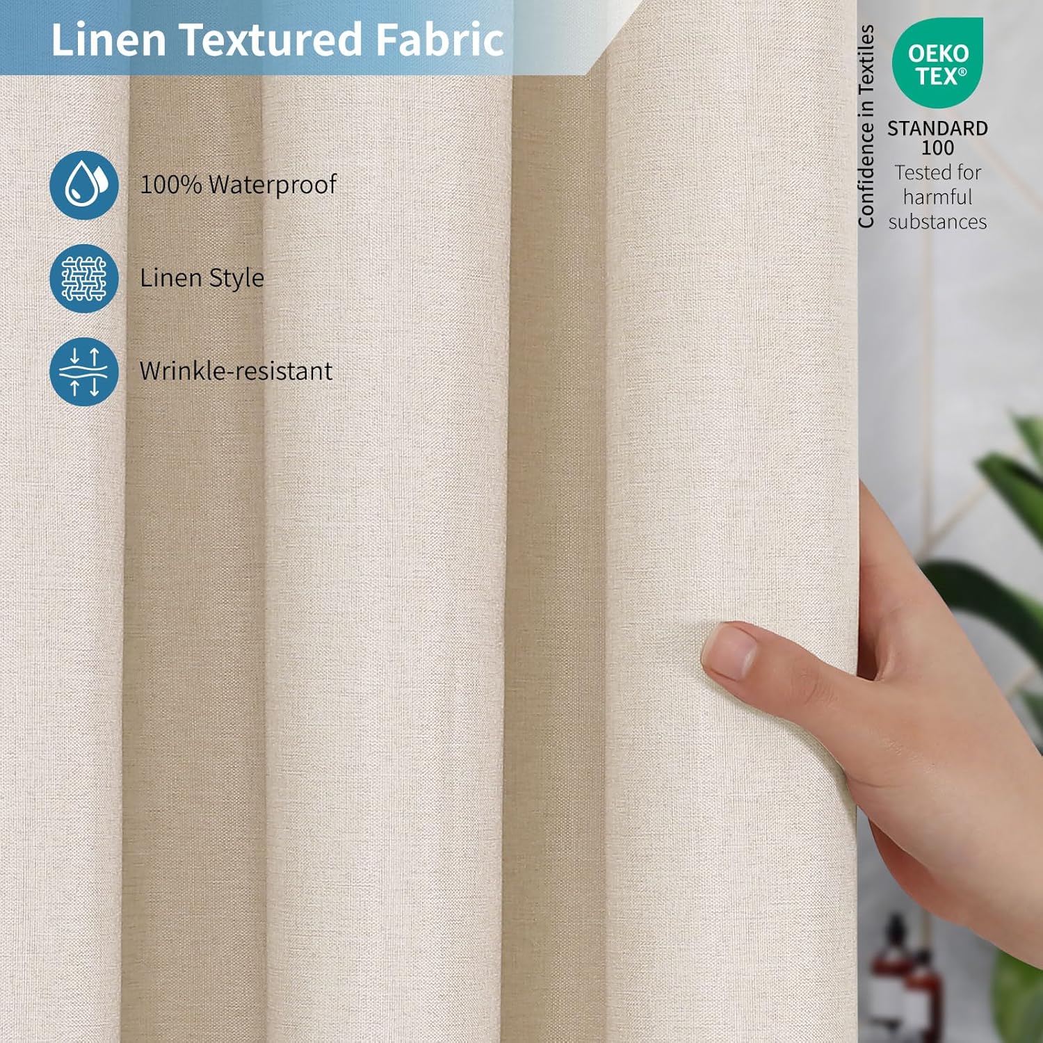 Waterproof Fabric Shower Curtain,No Liner Needed,72x72,Cream | 2-in-1 Design,Linen Textured,100% Waterproof