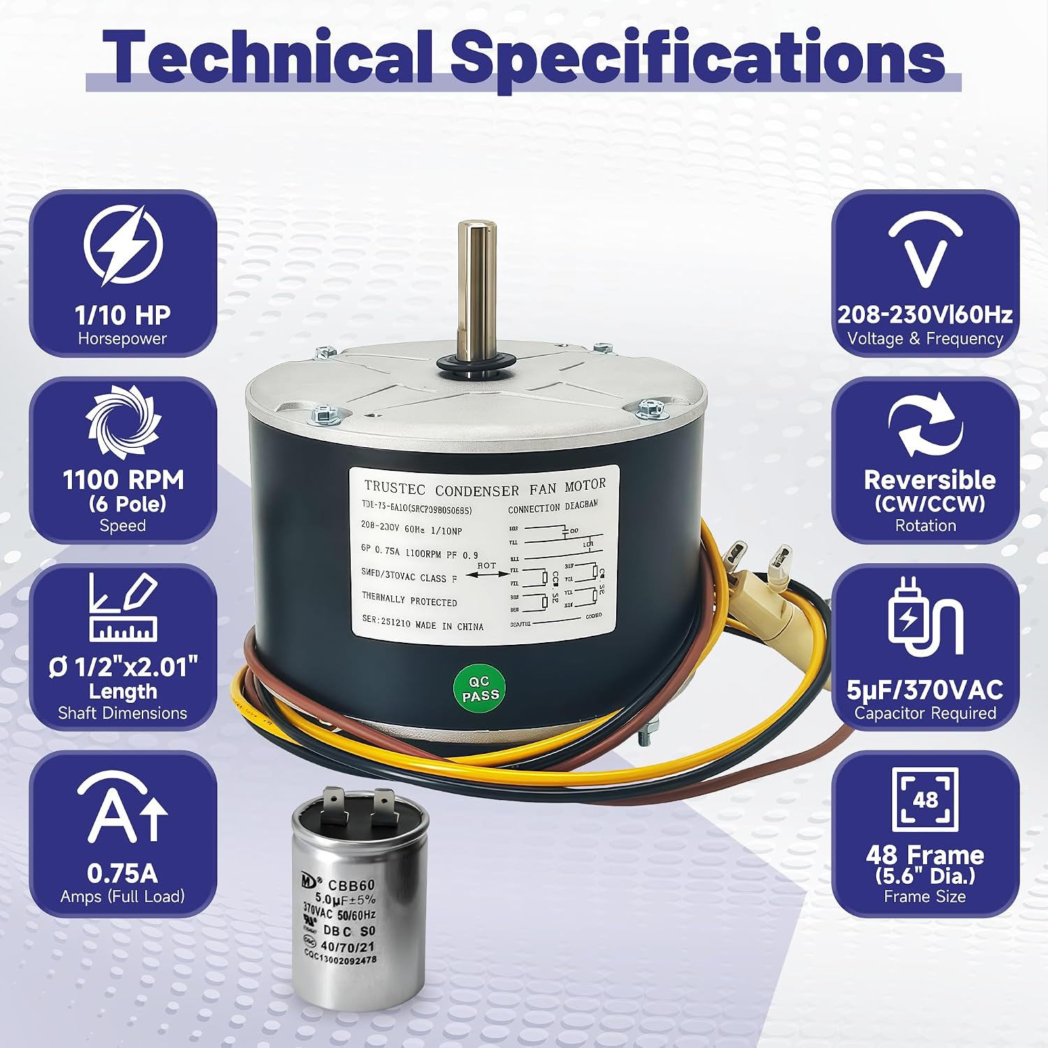 1/10HP Condenser Fan Motor, Replacement for Carrier HC33GE233 | 48 Frame 1100 RPM 208-230V, CW/CCW AC Fan Motor with