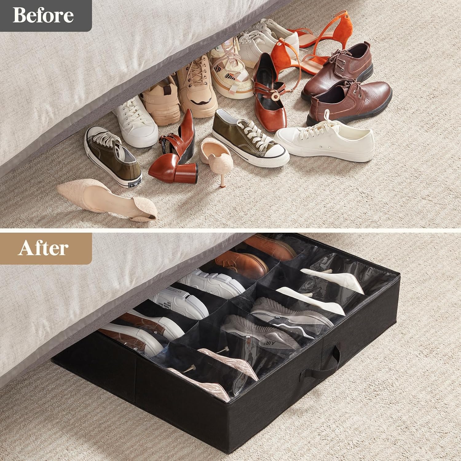 Under Bed Shoe Storage Organizer 2 Pack(12 Shoes Cells), 4.3 Inches Profile Fabric Shoes Container Box with Clear