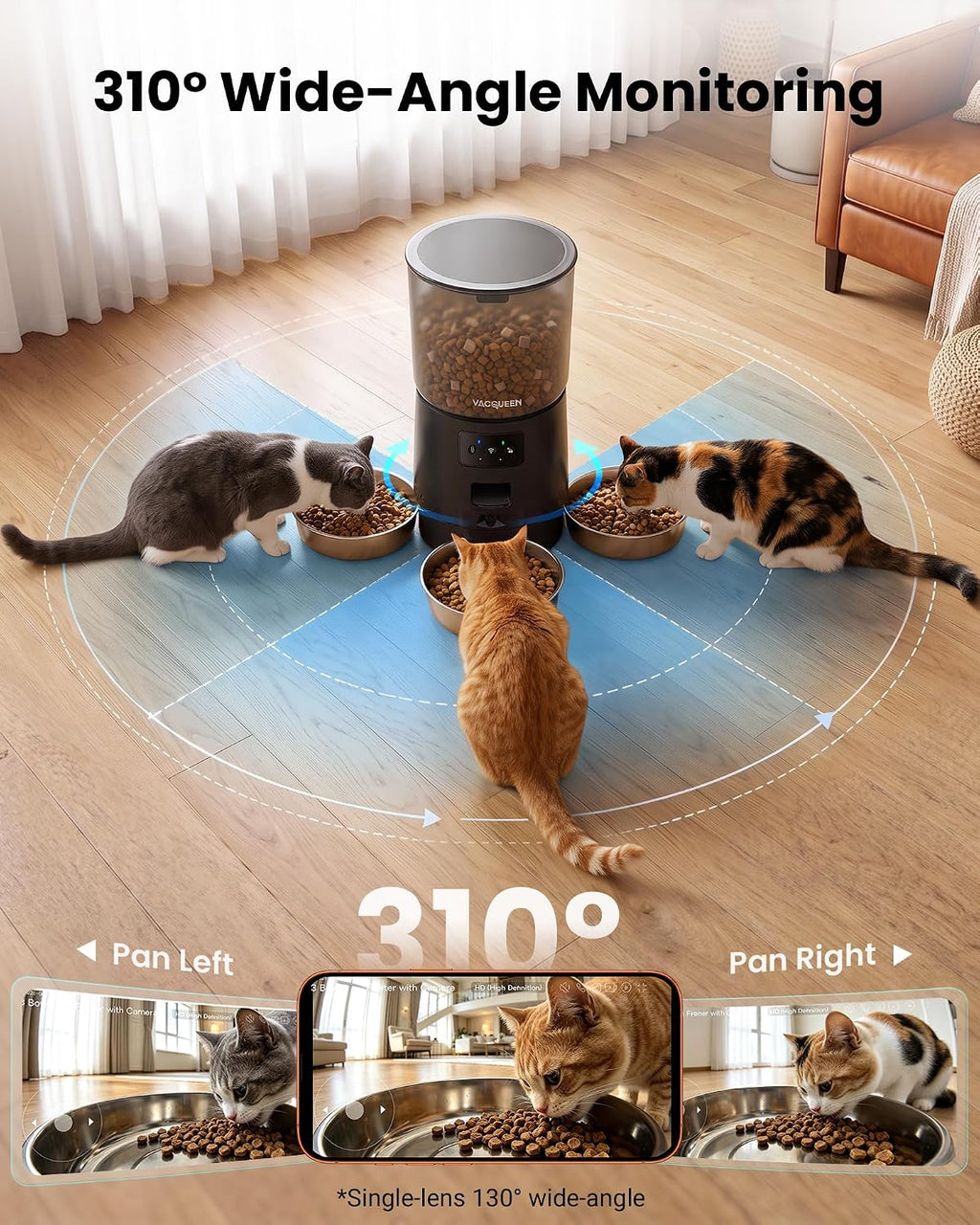 Automatic Cat Feeder with Camera for 3 Cats, 310° Monitoring, 2G/5G WiFi