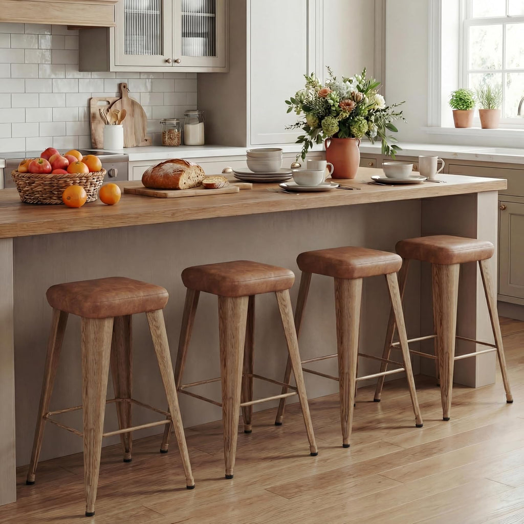 Backless Bar Stools Set of 4, 26" Walnut Brown Metal Barstools