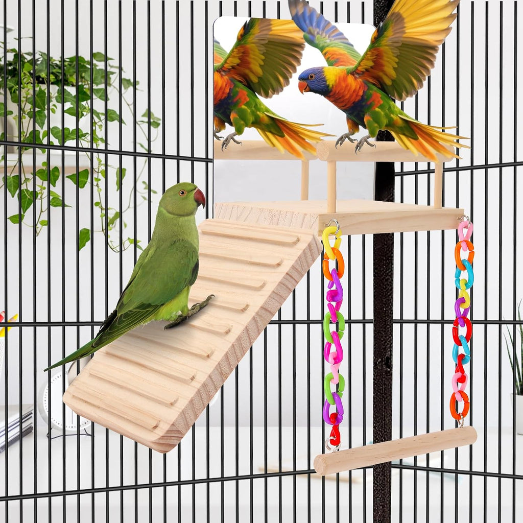 Bird Perch Platform Bird Toys with Bird Mirror Climbing Ladder Swing, Parakeet Cage Accessories - for Cockatiels