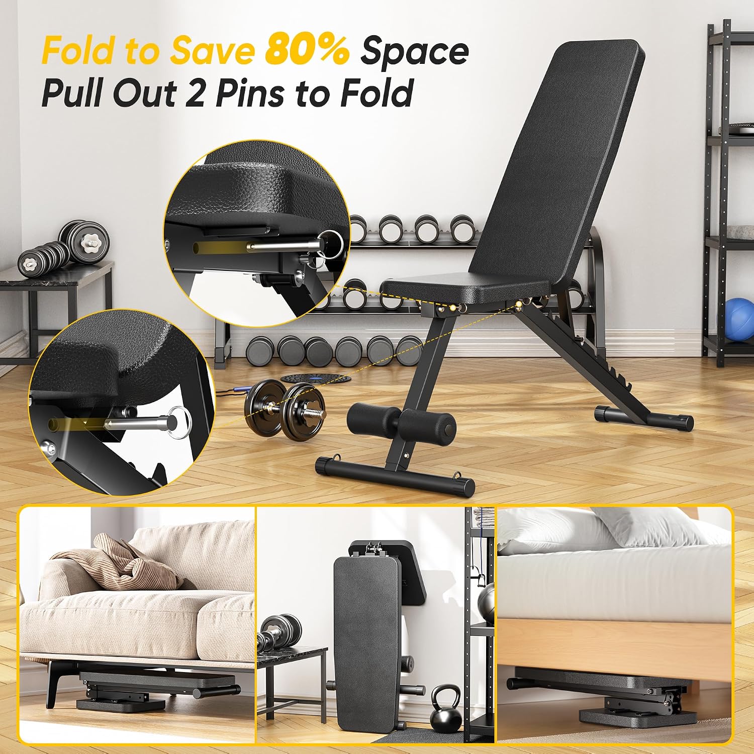 Adjustable Weight Bench for Home Gym, 600LBS Capacity Foldable Workout Bench with 7 Backrest Positions for Full Body