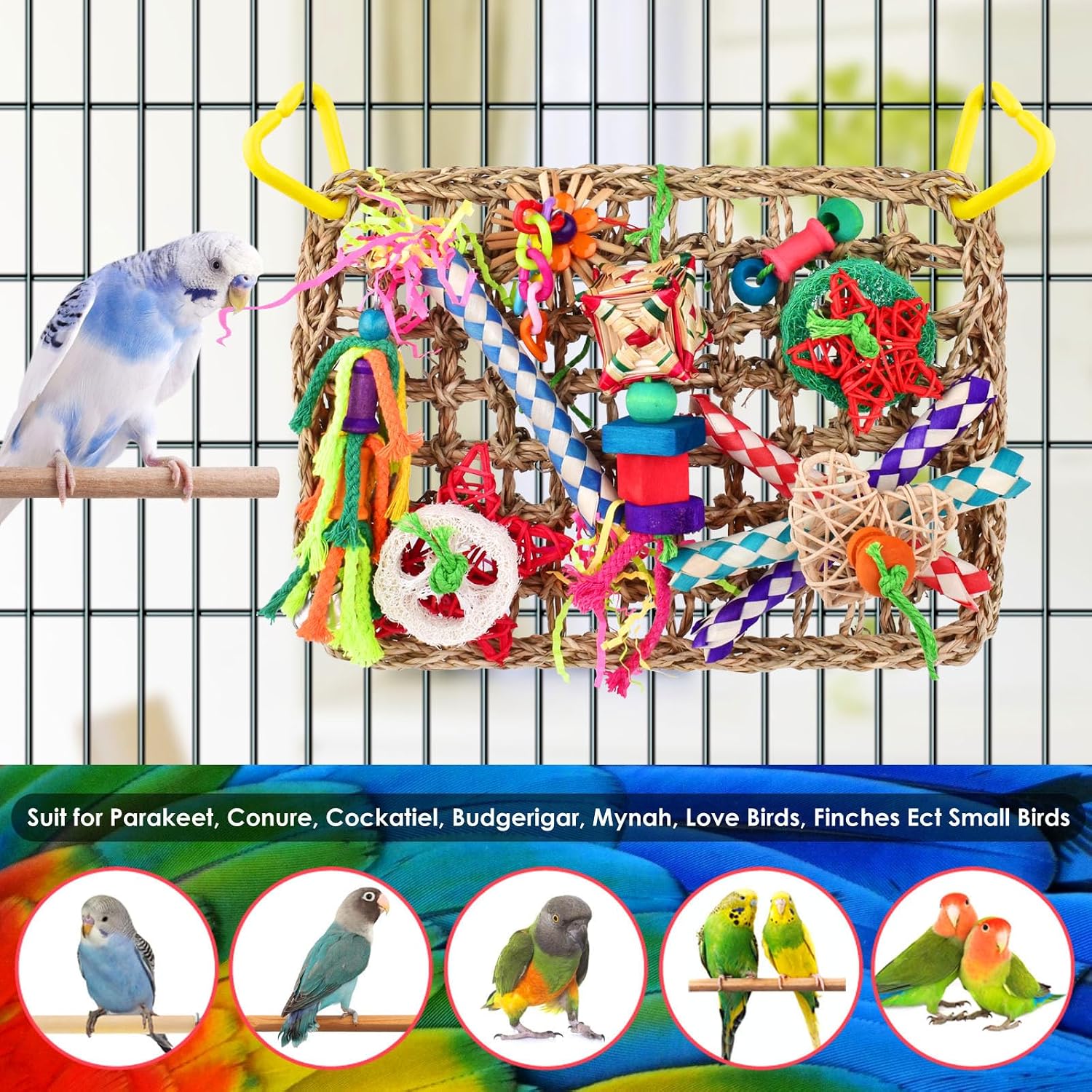 Bird Toys, Large Bird Foraging Wall Toy, Woven Climbing Hammock Mat | Natural Grass Mat, Edible Seagrass, Colorful