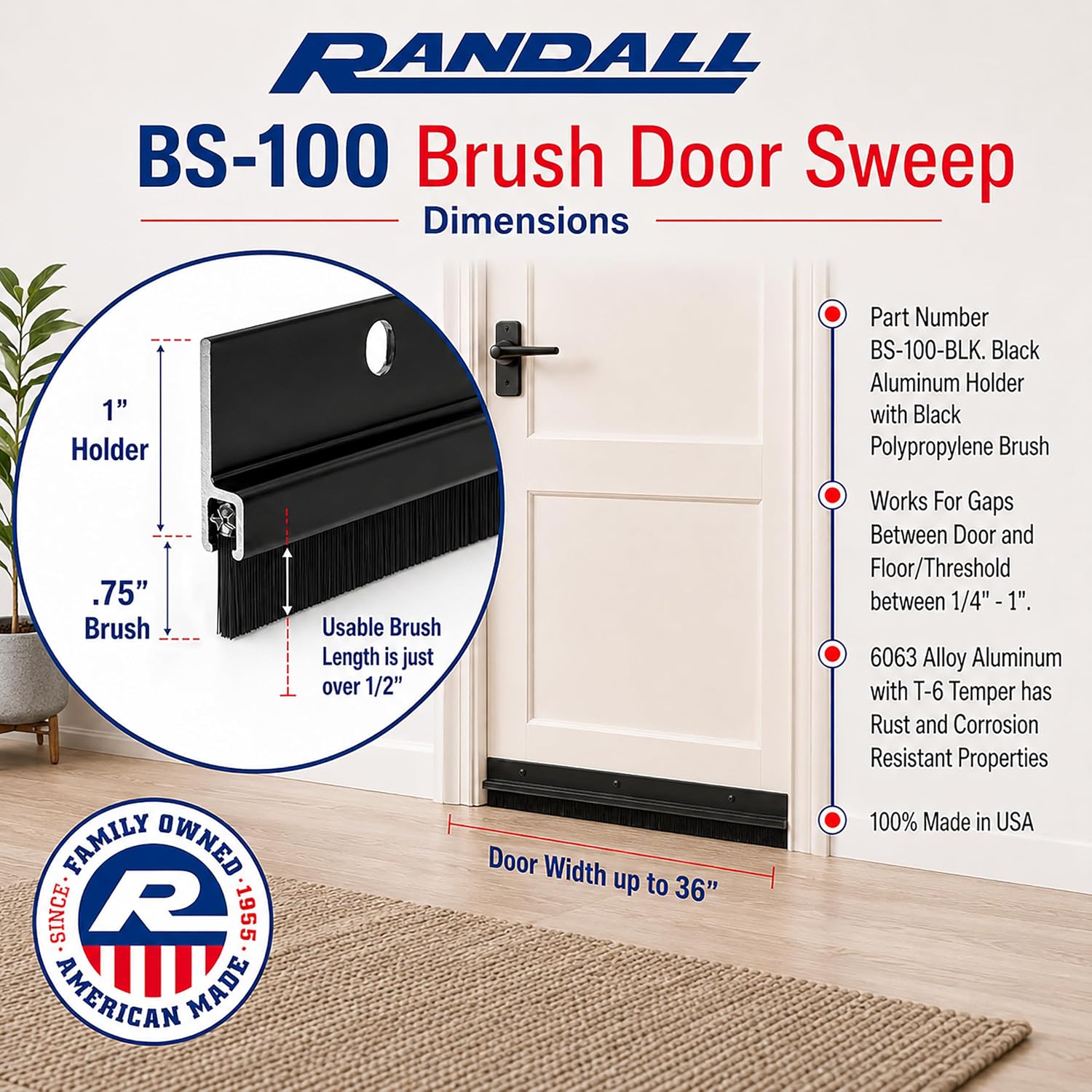 Door Sweeps – Aluminum & Brush | Brush Sweeps for Gaps Up to 1” | Black Holder | 3 Feet | Fill Gaps & Keep Unwanted