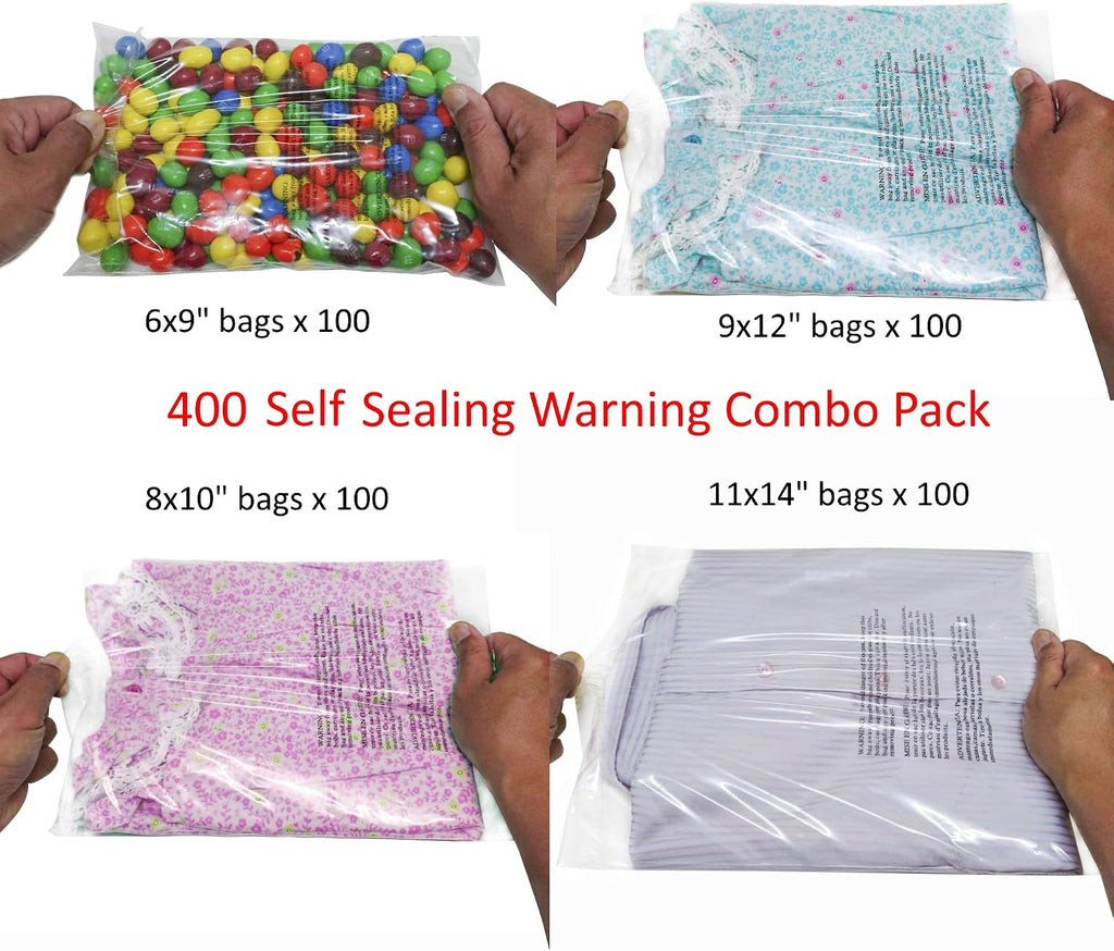 400 CT 4-Size FBA Poly Bags, Suffocation Warning, Permanent Adhesive
