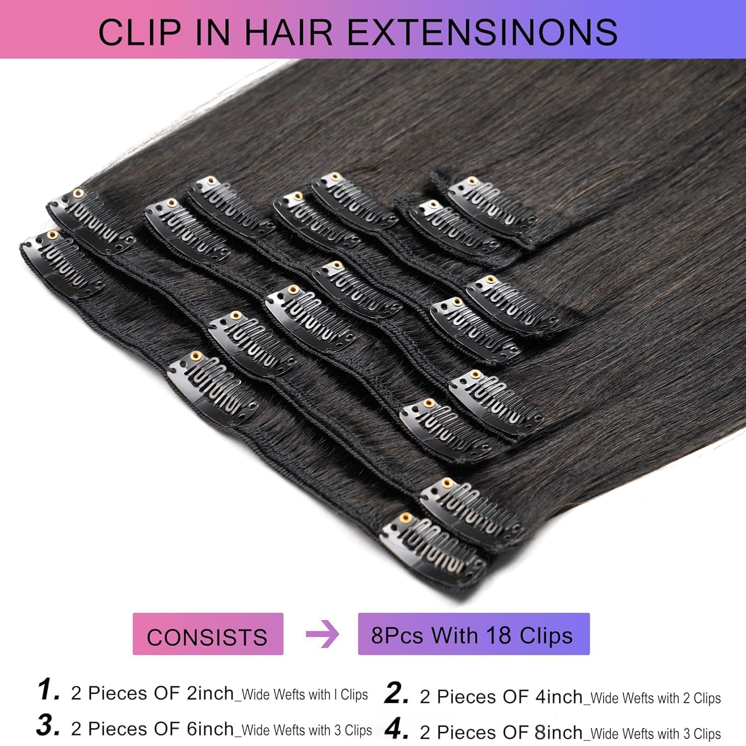Clip in Hair Extensions Real Human Hair, 20 Inch 8Pcs 105g, 1B Black | Invisible Seamless Straight Remy Human Hair