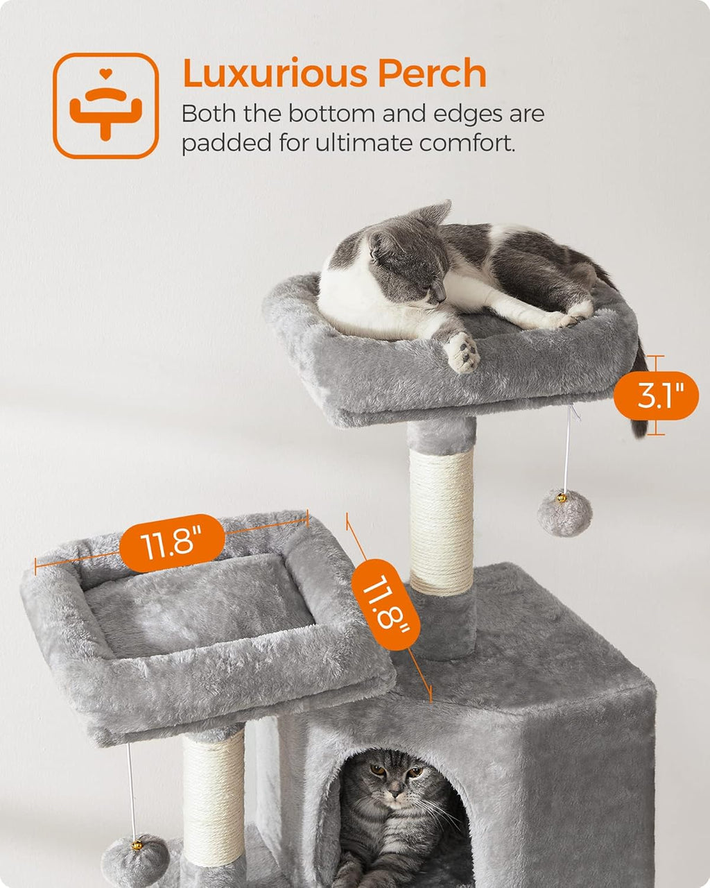 Cat Tree, 45.3-Inch Cat Tower, Plush Condo with Scratching Post, Ramp, Perch, Spacious Cave