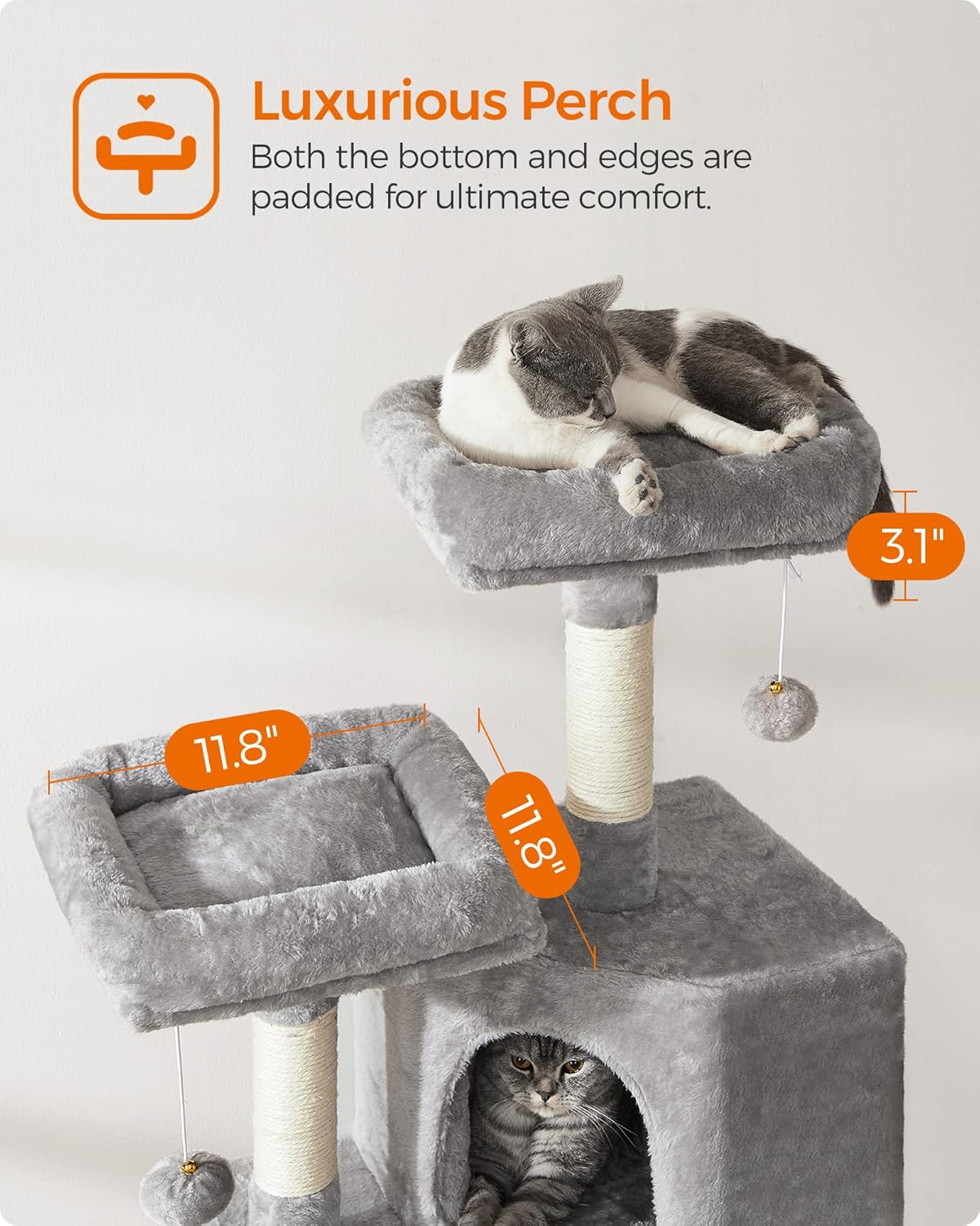 Cat Tree, 45.3-Inch Cat Tower, Plush Condo with Scratching Post, Ramp, Perch, Spacious Cave