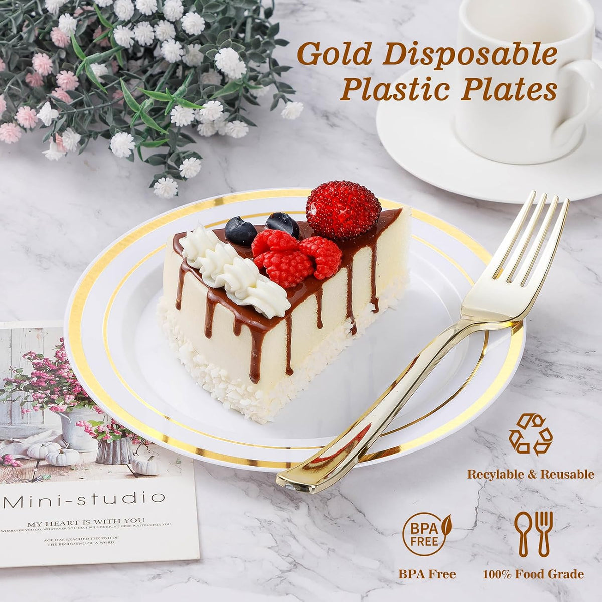100Pcs Gold Plastic Plates, 10.25 Inch Disposable Dinner Plates