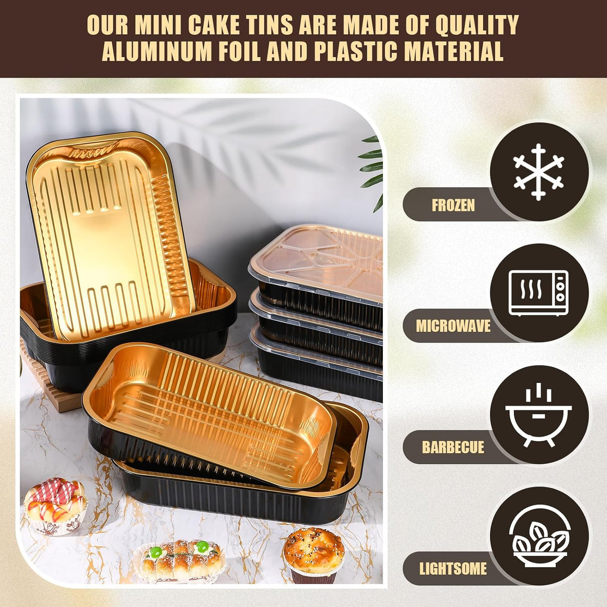 20 Set Heavy Duty Aluminum Foil Pans with Lids 9x13, Black Gold