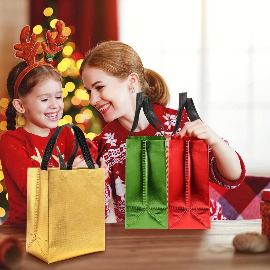 80 Pcs Reusable Gift Bags, Medium, Red, Gold, Green