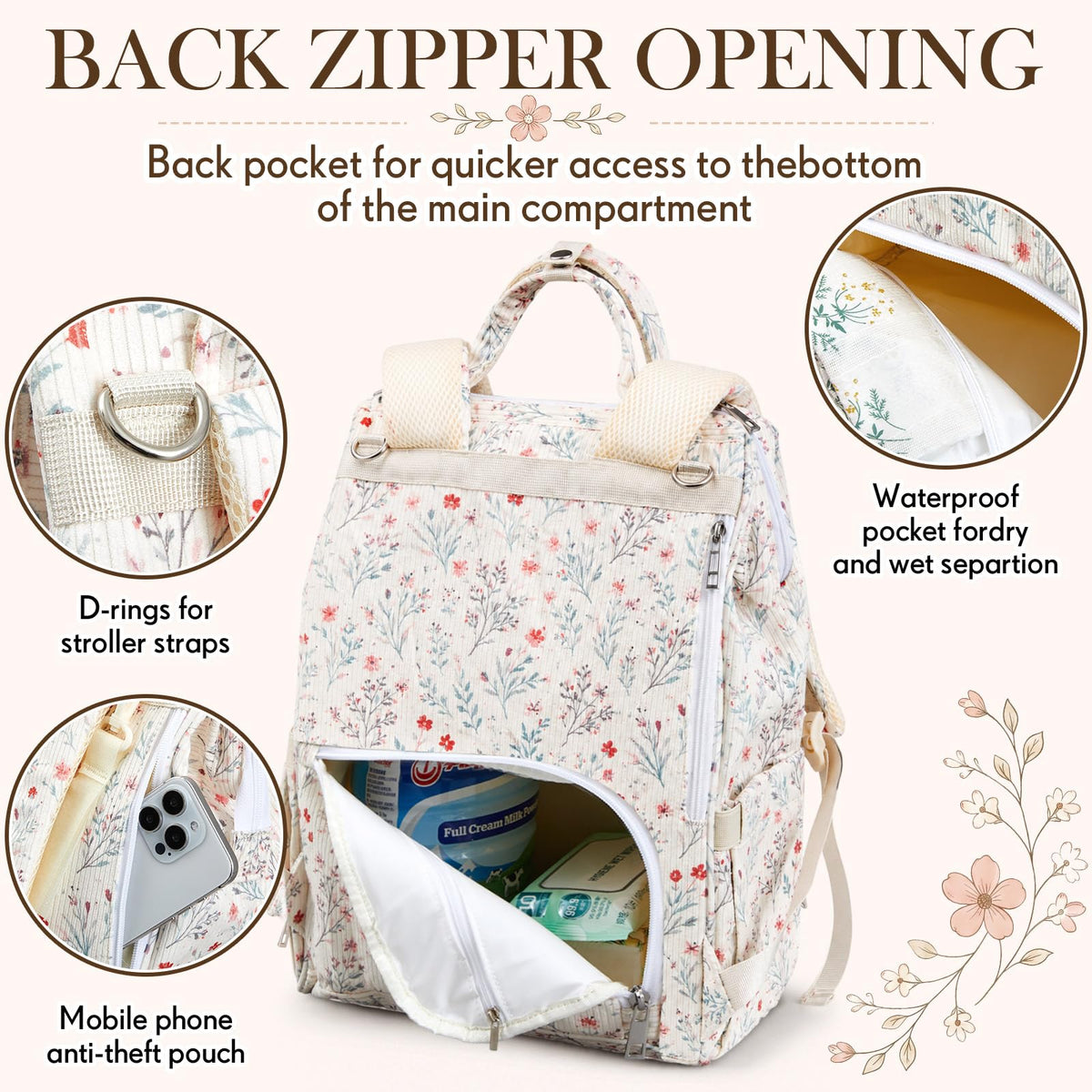 Light White Floral Diaper Bag Backpack Mom Cute Diaper Bag