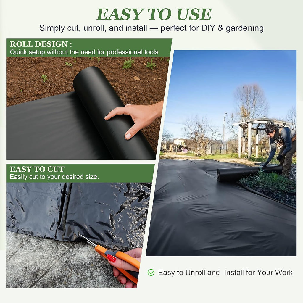6 Mil Black Plastic Sheeting (10' x 50') - Heavy Duty, UV Resistant Polyethylene Sheeting Roll for Greenhouse, Vapor