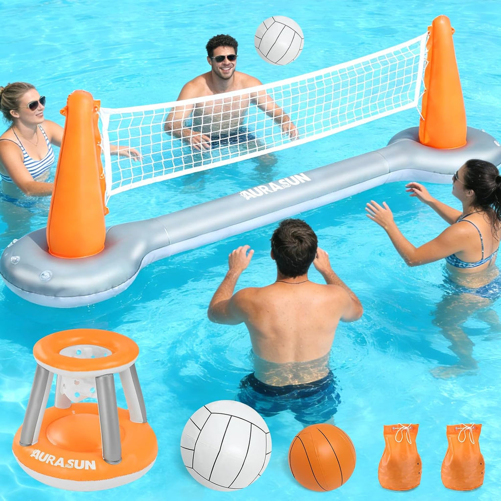 Inflatable Pool Volleyball Net, Floating Swimming Pool Set with Basketball Hoop, Summer Pool Game Toy for Kids and
