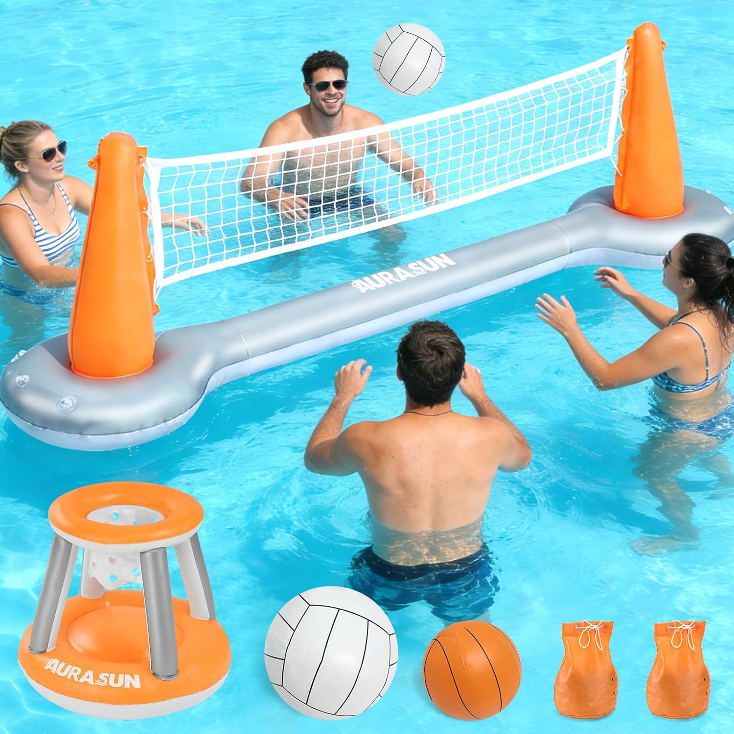 Inflatable Pool Volleyball Net, Floating Swimming Pool Set with Basketball Hoop, Summer Pool Game Toy for Kids and