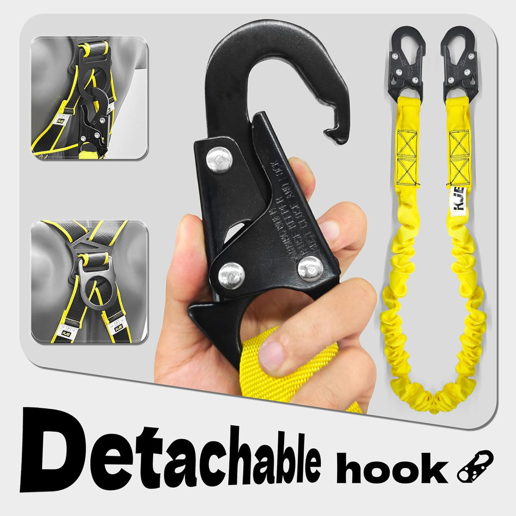 Safety Harness Fall Protection Kit - Construction Roof Full Body Harness w/Detachable 6FT Shock Absorbing Lanyard &