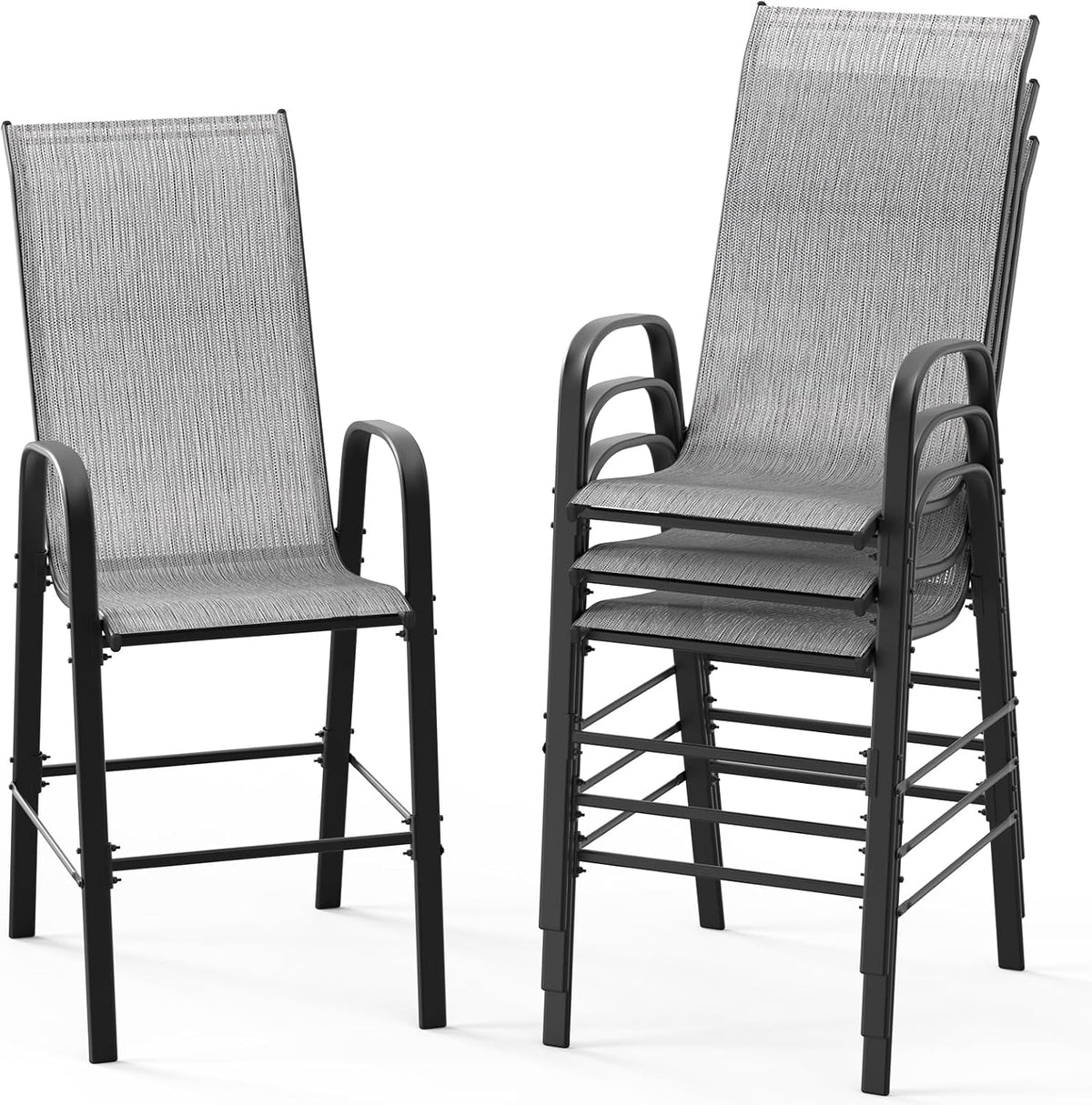 Set of 4 Stackable Outdoor Bar Stools – Sling Chairs with High Back & Armrests