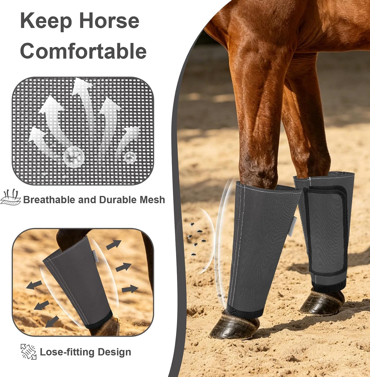 Fly Boots for Horses Set of 4, Equine Loose Fitting Leggings (Dark Grey)